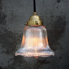 French Holophane Glass Vintage Brass Pendant Lights