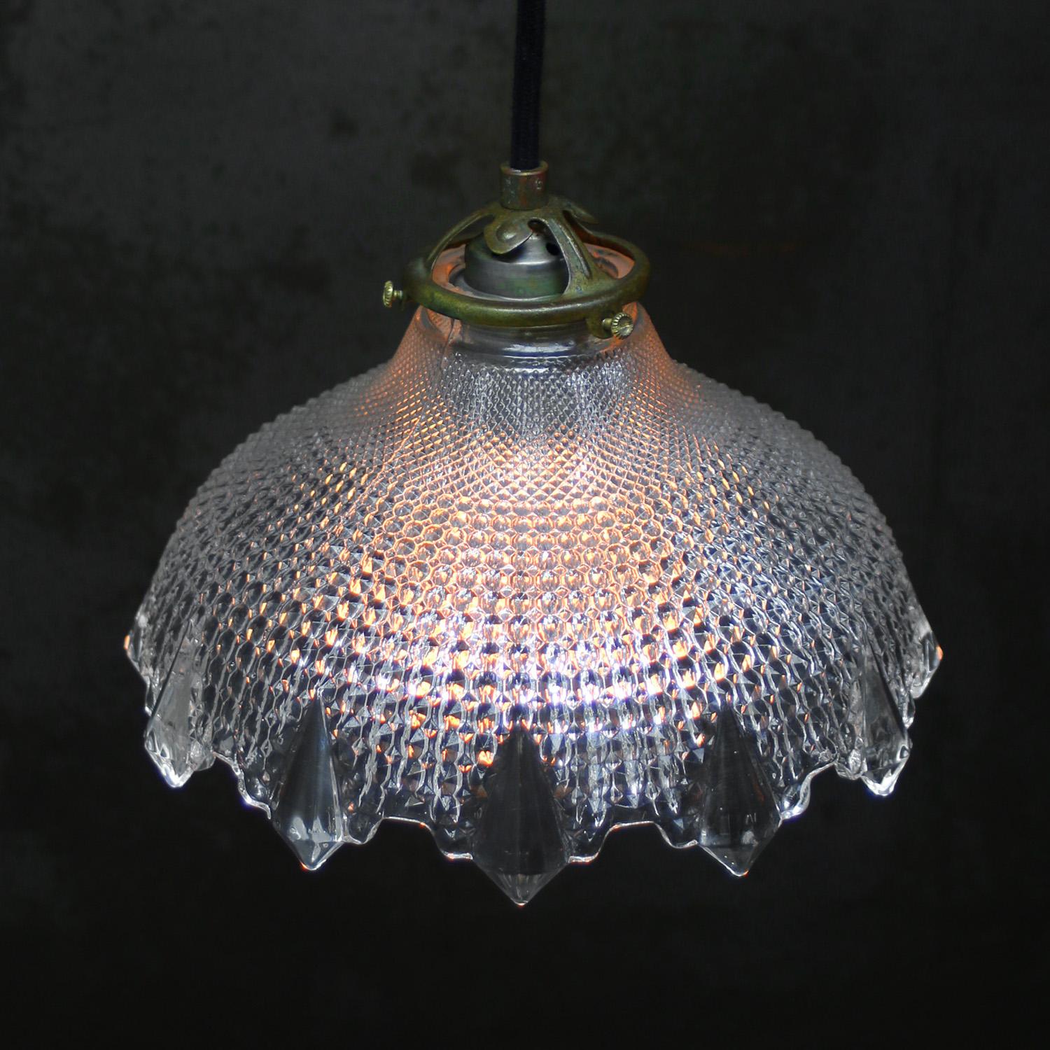 Industrial French Holophane Glass Vintage Brass Pendant Lights For Sale