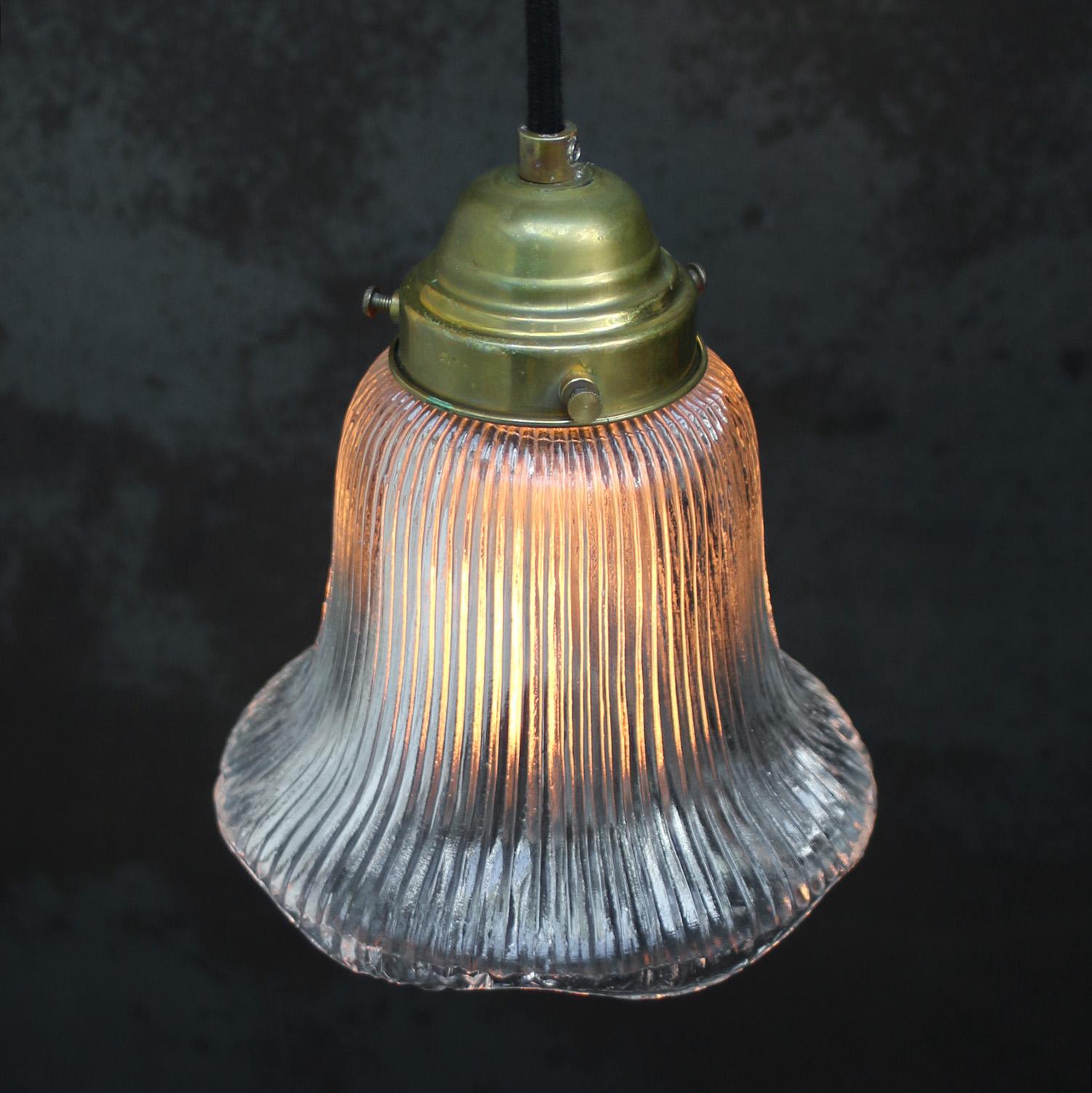 Industrial French Holophane Glass Vintage Brass Pendant Lights For Sale