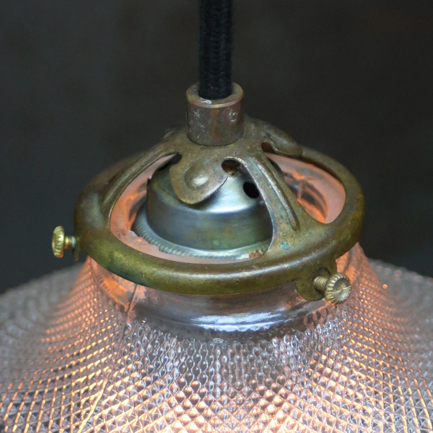 French Holophane Glass Vintage Brass Pendant Lights In Good Condition For Sale In Amsterdam, NL