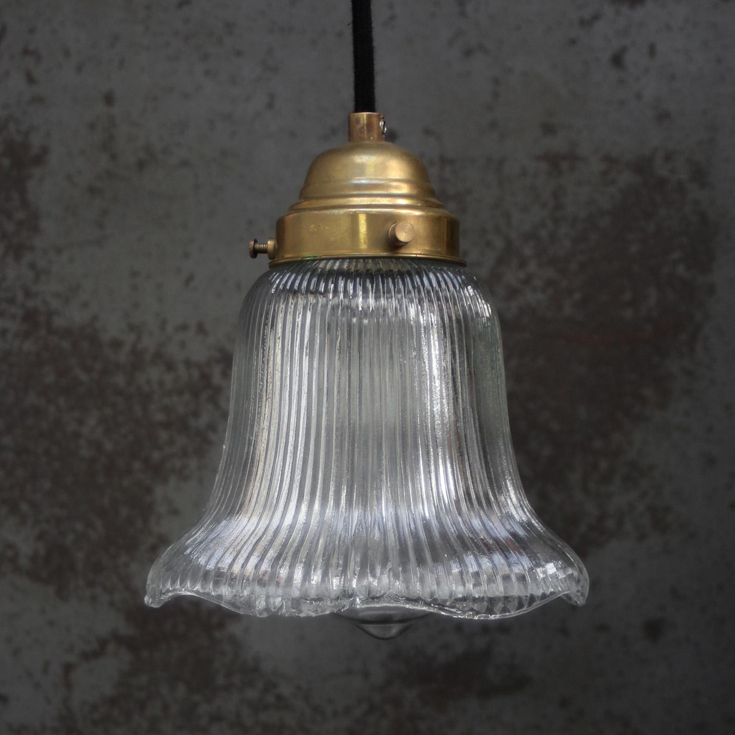 French Holophane Glass Vintage Brass Pendant Lights In Good Condition For Sale In Amsterdam, NL