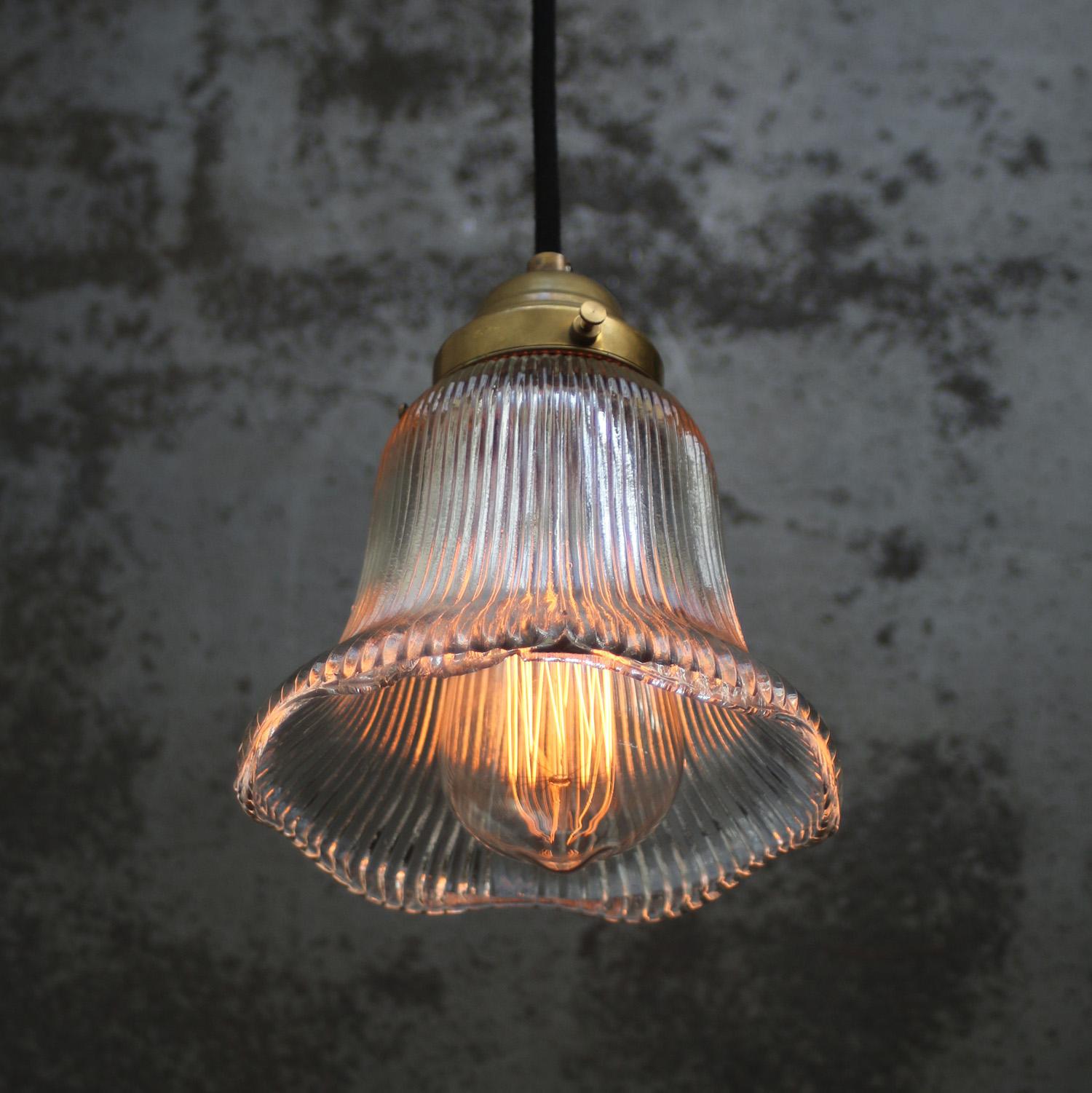20th Century French Holophane Glass Vintage Brass Pendant Lights For Sale