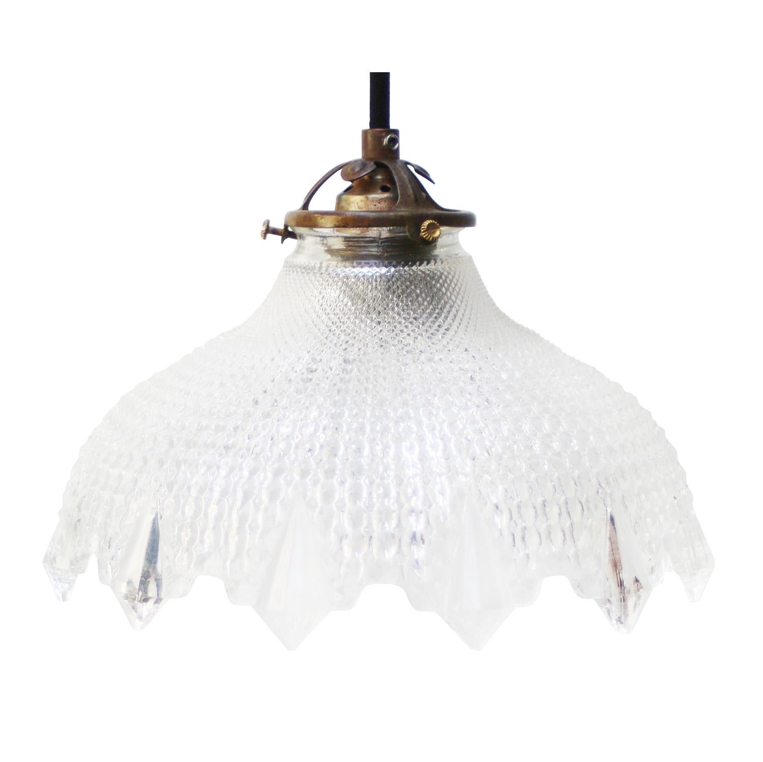 French Holophane Glass Vintage Brass Pendant Lights For Sale 1