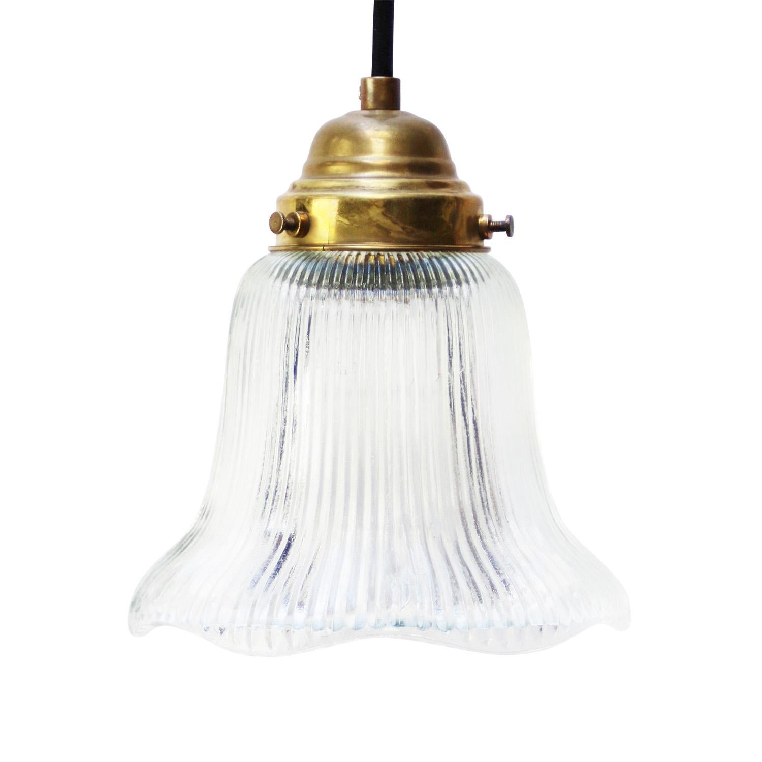French Holophane Glass Vintage Brass Pendant Lights For Sale 1