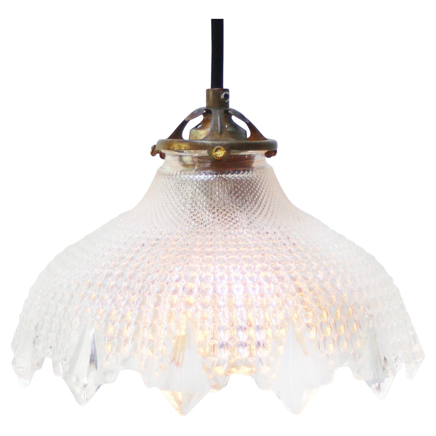 French Holophane Glass Vintage Brass Pendant Lights