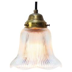 French Holophane Glass Vintage Brass Pendant Lights