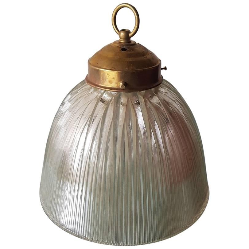 French Holophane Pendant with Brass Fixture, 20th Century