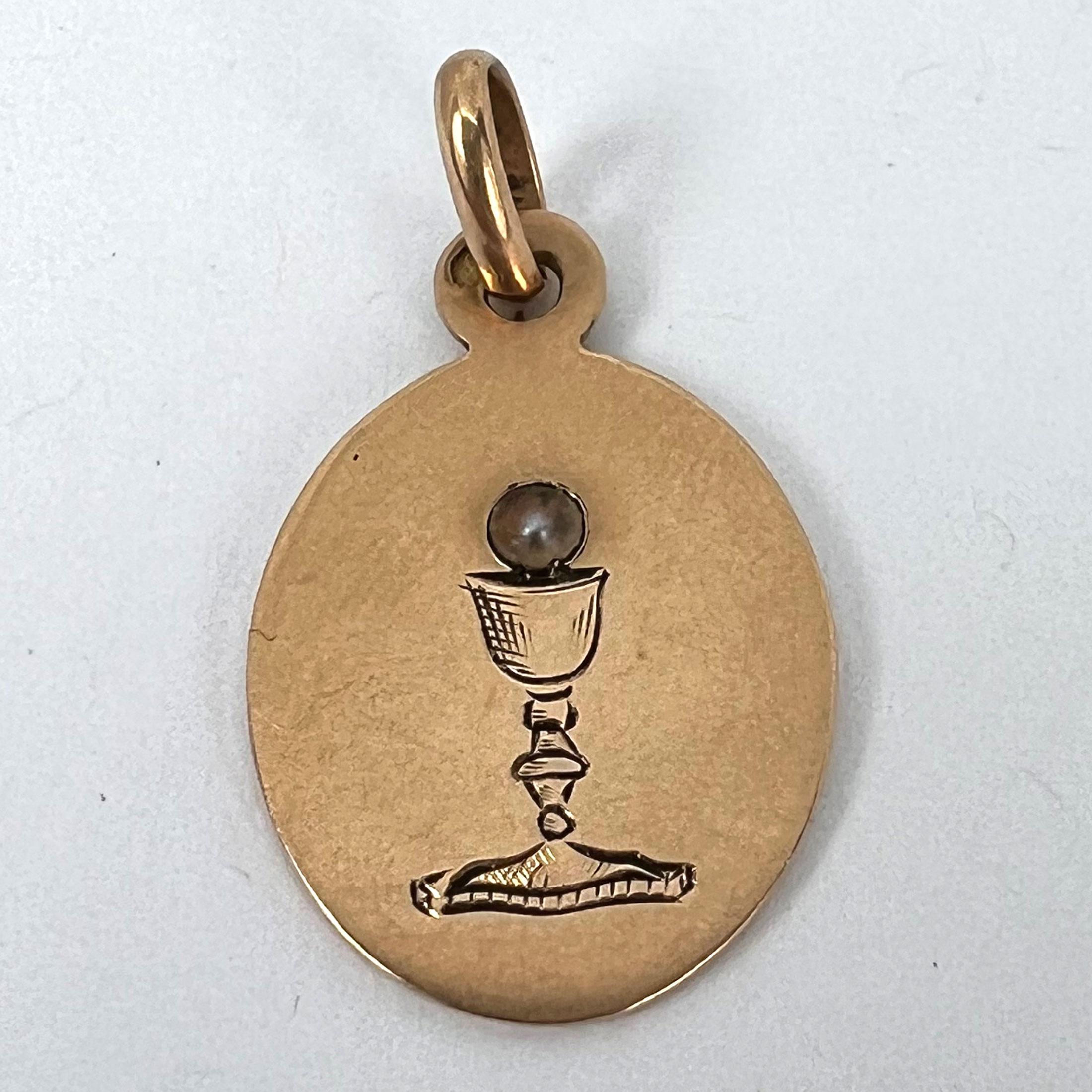 French Holy Chalice 18K Rose Gold Pearl Medal Pendant For Sale 7