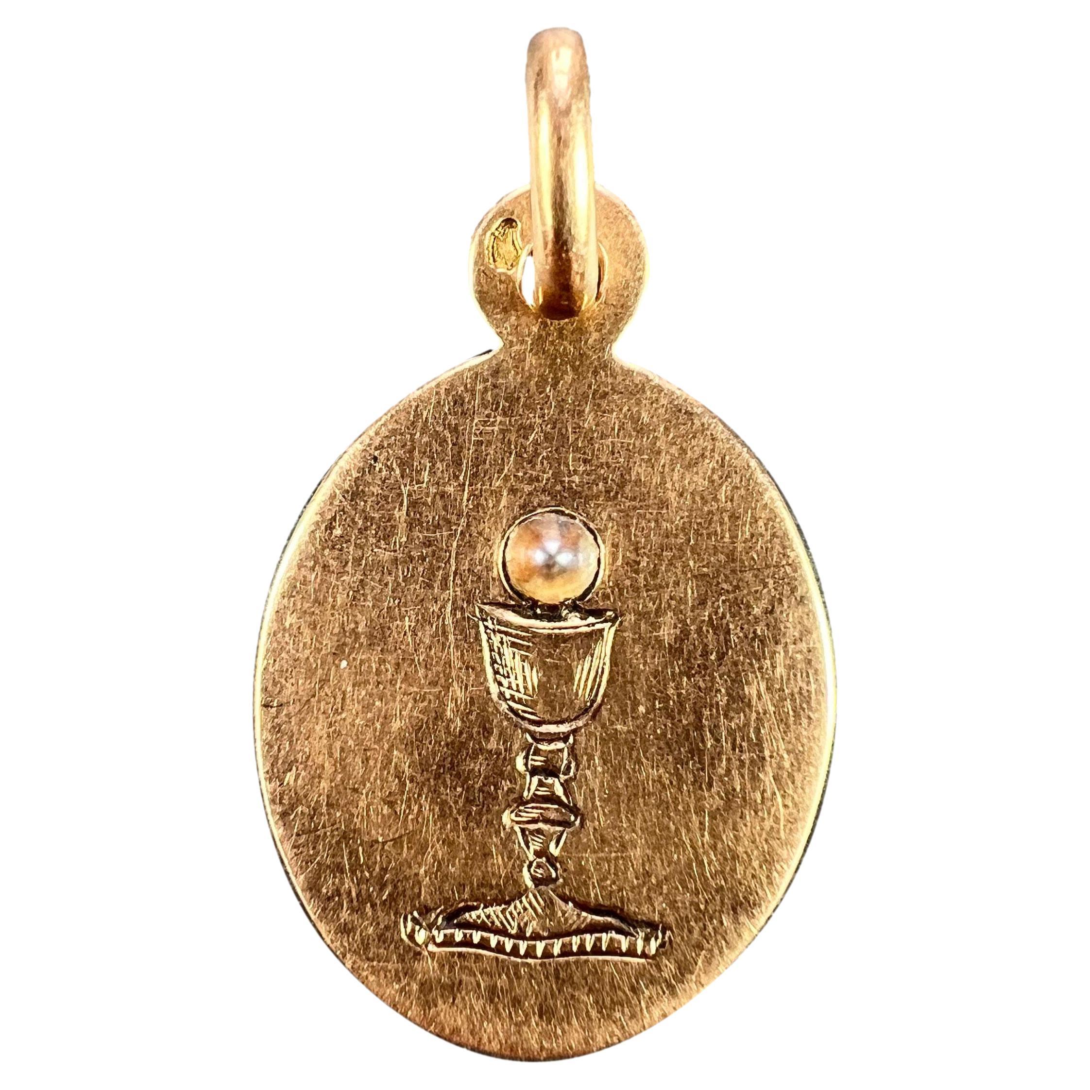 French Holy Chalice 18K Rose Gold Pearl Medal Pendant For Sale