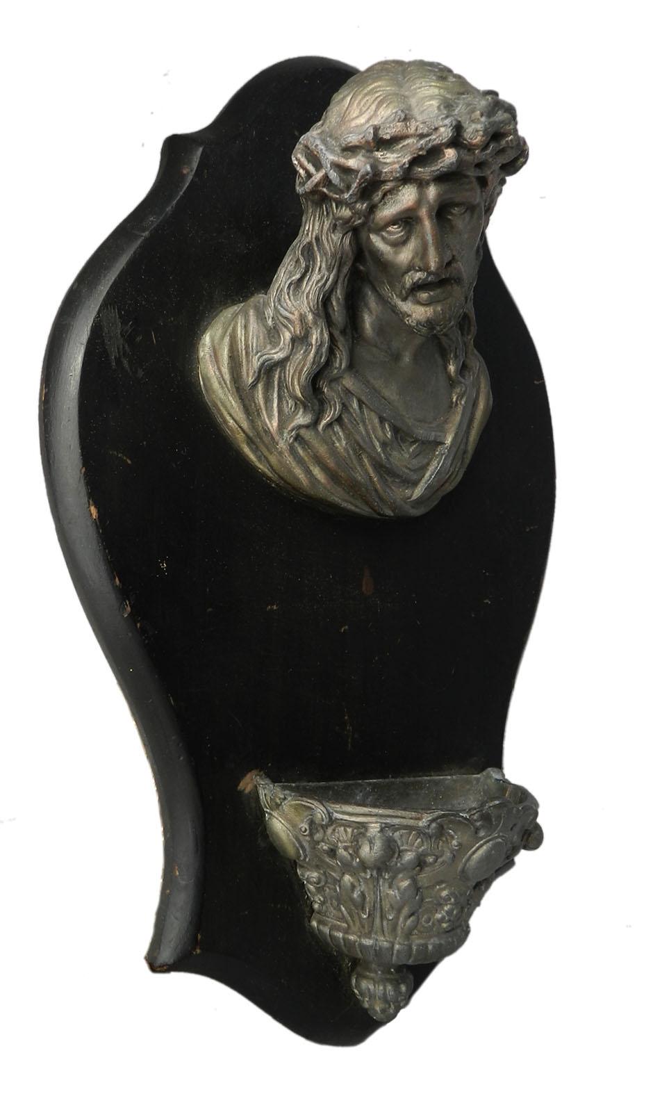 Ebonized French Holy Water Font 19th Century Head of Christ Sculpture