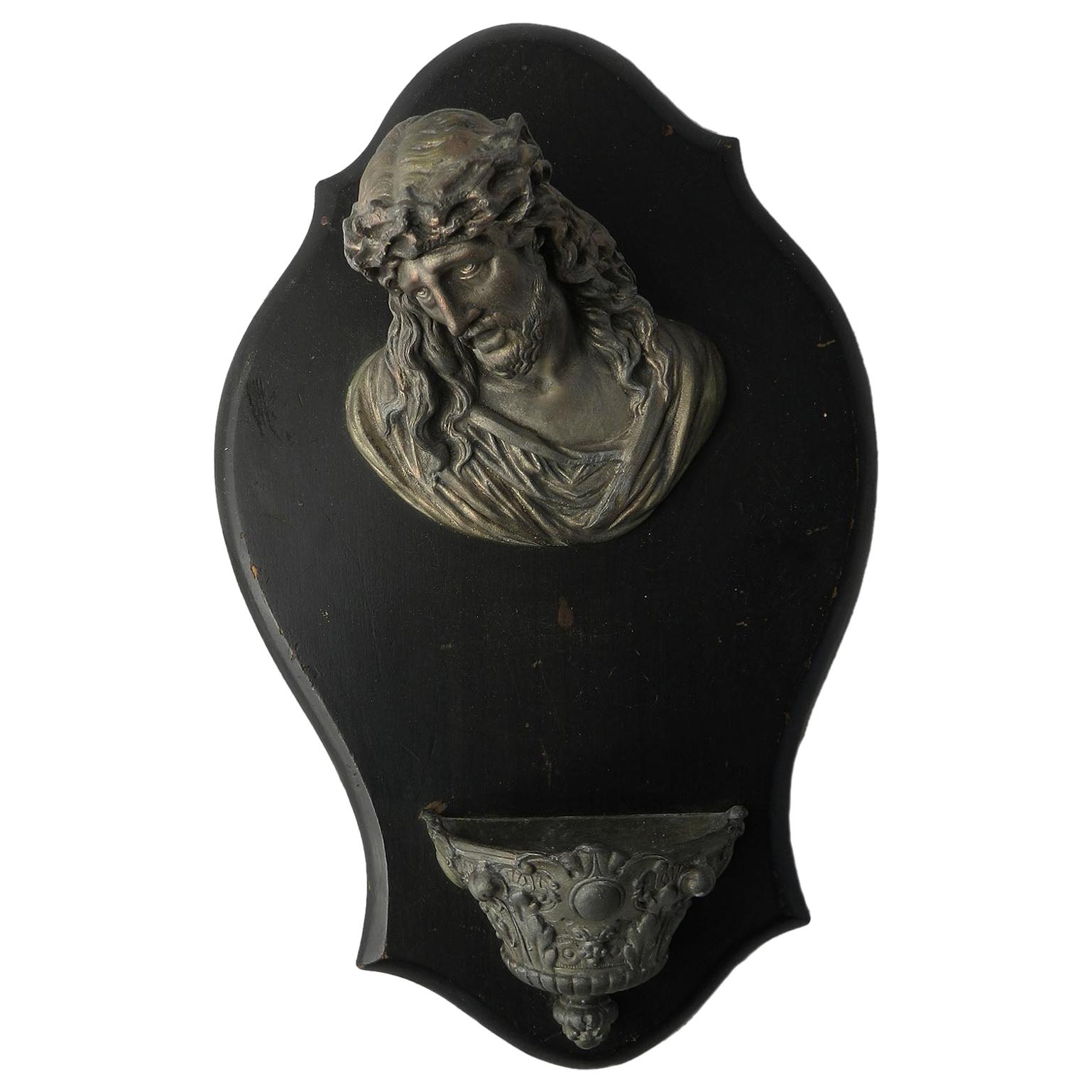 French Holy Water Font 19th Century Head of Christ Sculpture