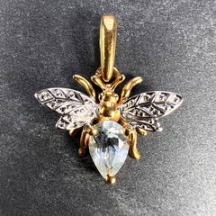 French Honey Bee Aquamarine 18K Yellow White Gold Charm Pendant