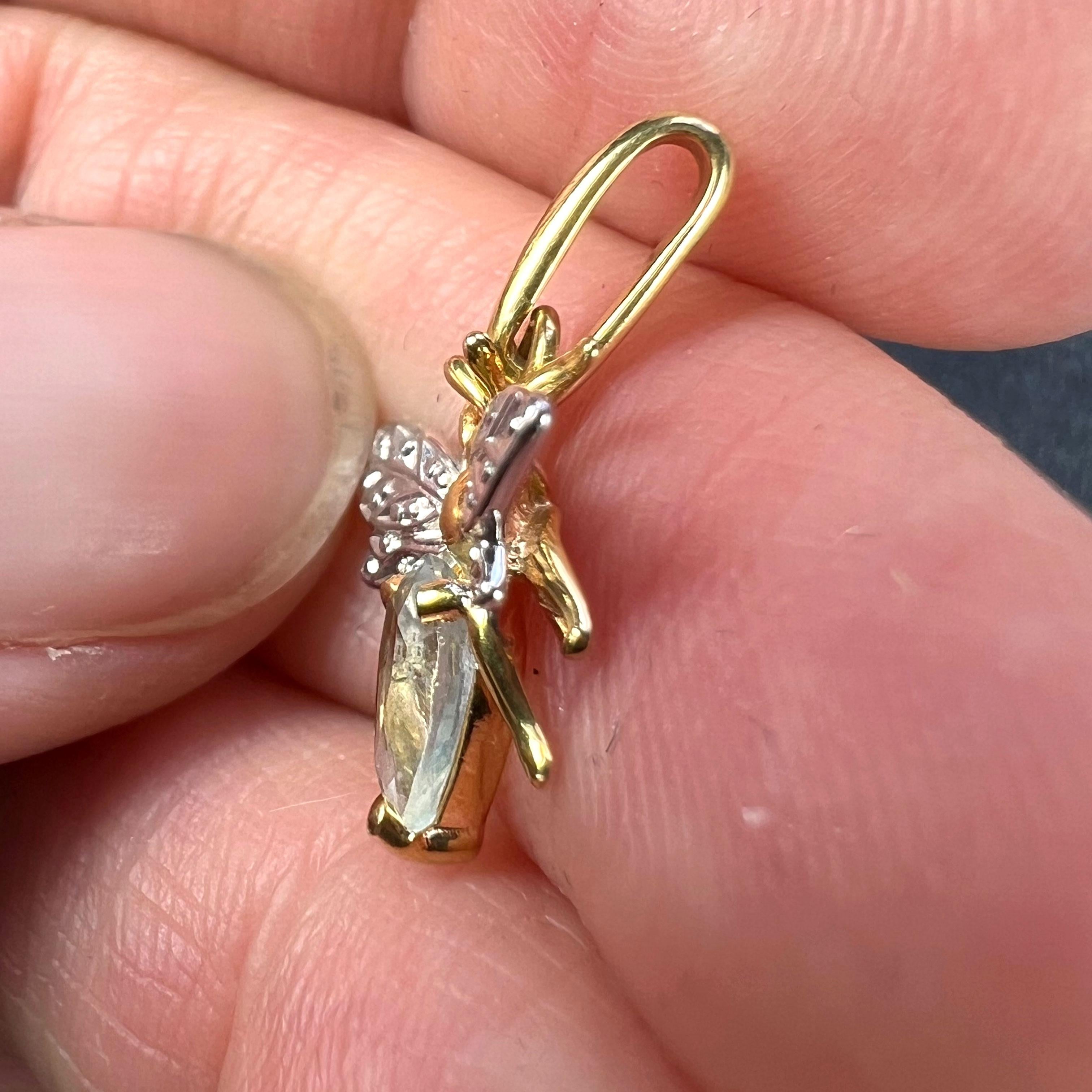 French Honey Bee Aquamarine 18K Yellow White Gold Charm Pendant  In Good Condition In London, GB