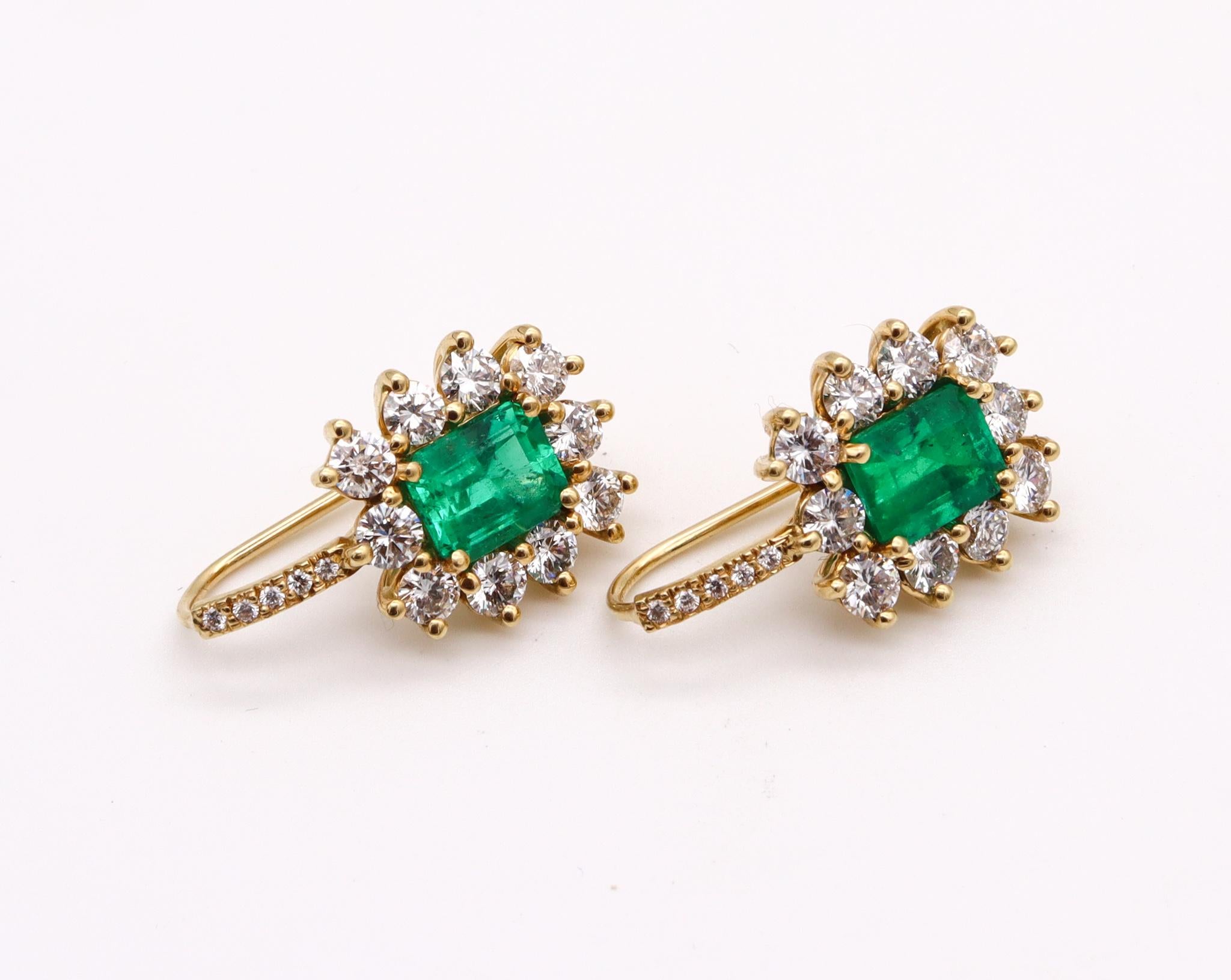 Contemporary French Hook Earrings in 18kt Yellow Gold with 4.92 Ctw in Diamonds and Emeralds
