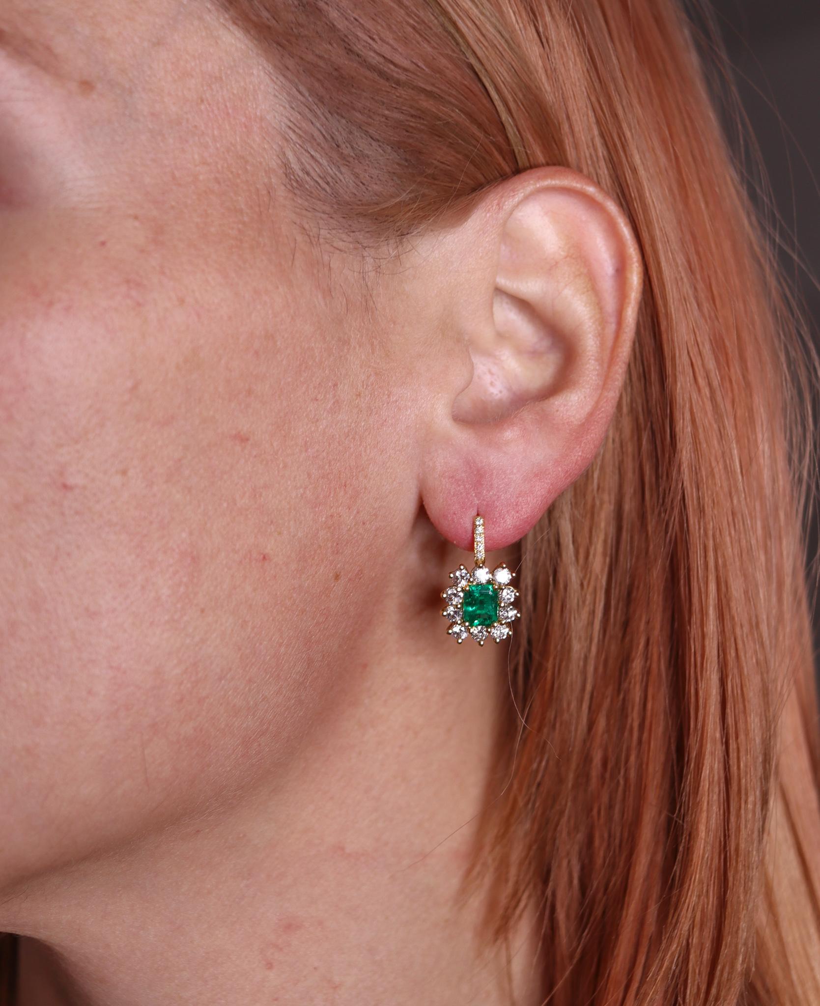 French Hook Earrings in 18kt Yellow Gold with 4.92 Ctw in Diamonds and Emeralds 2