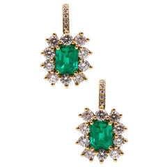 French Hook Earrings in 18kt Yellow Gold with 4.92 Ctw in Diamonds and Emeralds