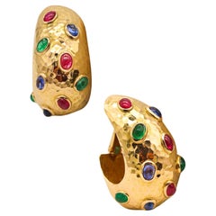 French Hoops Earrings 18Kt Yellow Gold with 13.50 Ctw Emerald Sapphires & Rubies
