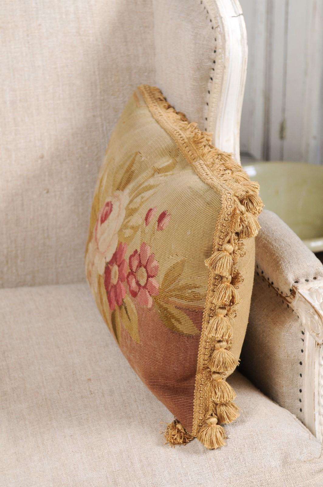 French Horizontal 19th Century Aubusson Tapestry Floral Pillow with Tassels 7