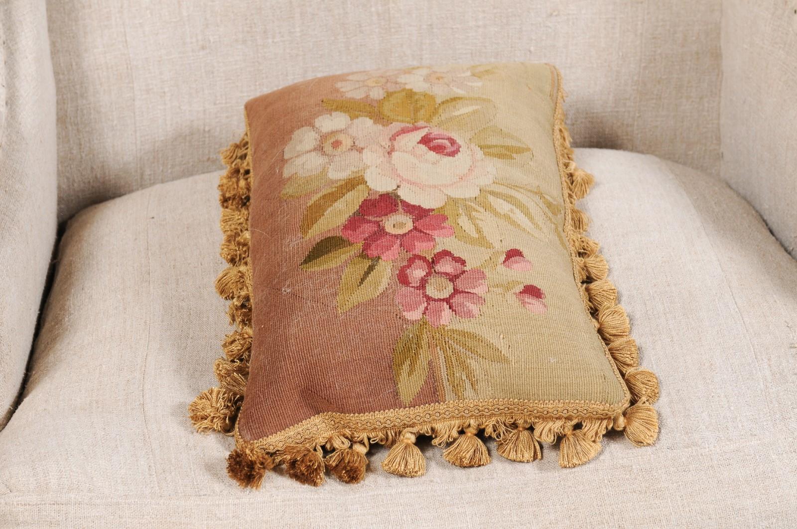 French Horizontal 19th Century Aubusson Tapestry Floral Pillow with Tassels 8