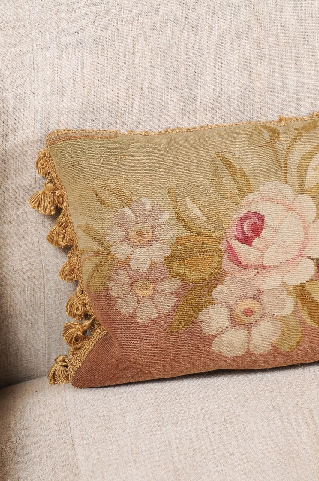 French Horizontal 19th Century Aubusson Tapestry Floral Pillow with Tassels In Good Condition In Atlanta, GA