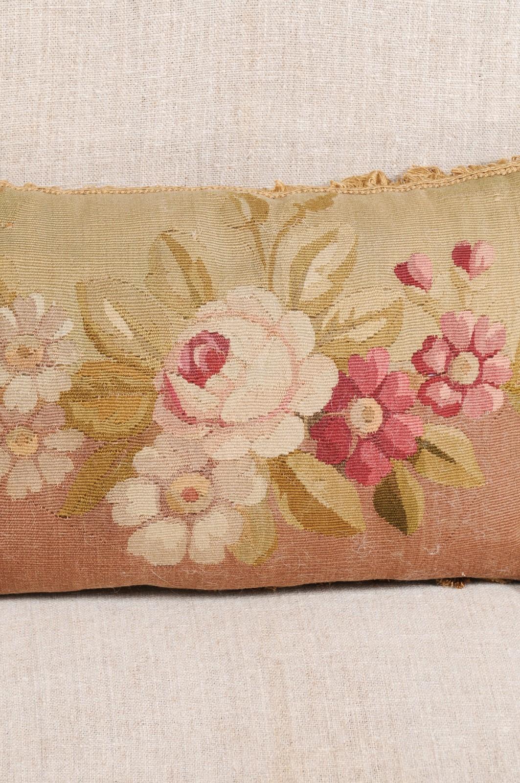 French Horizontal 19th Century Aubusson Tapestry Floral Pillow with Tassels 1