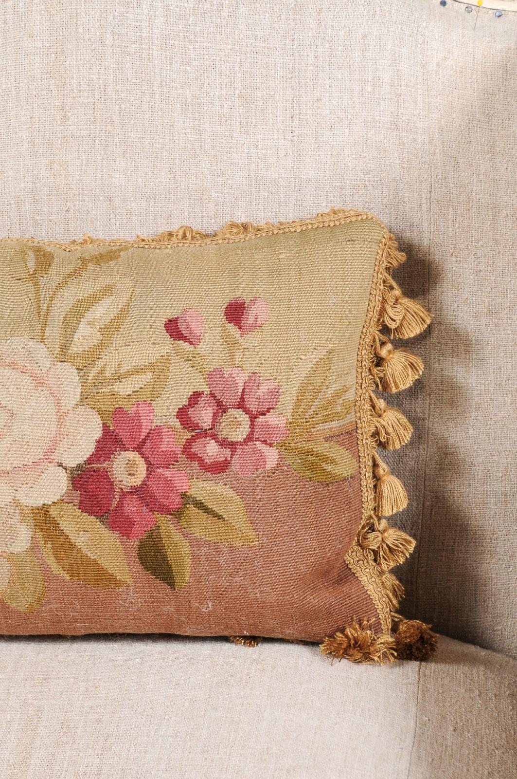 French Horizontal 19th Century Aubusson Tapestry Floral Pillow with Tassels 2