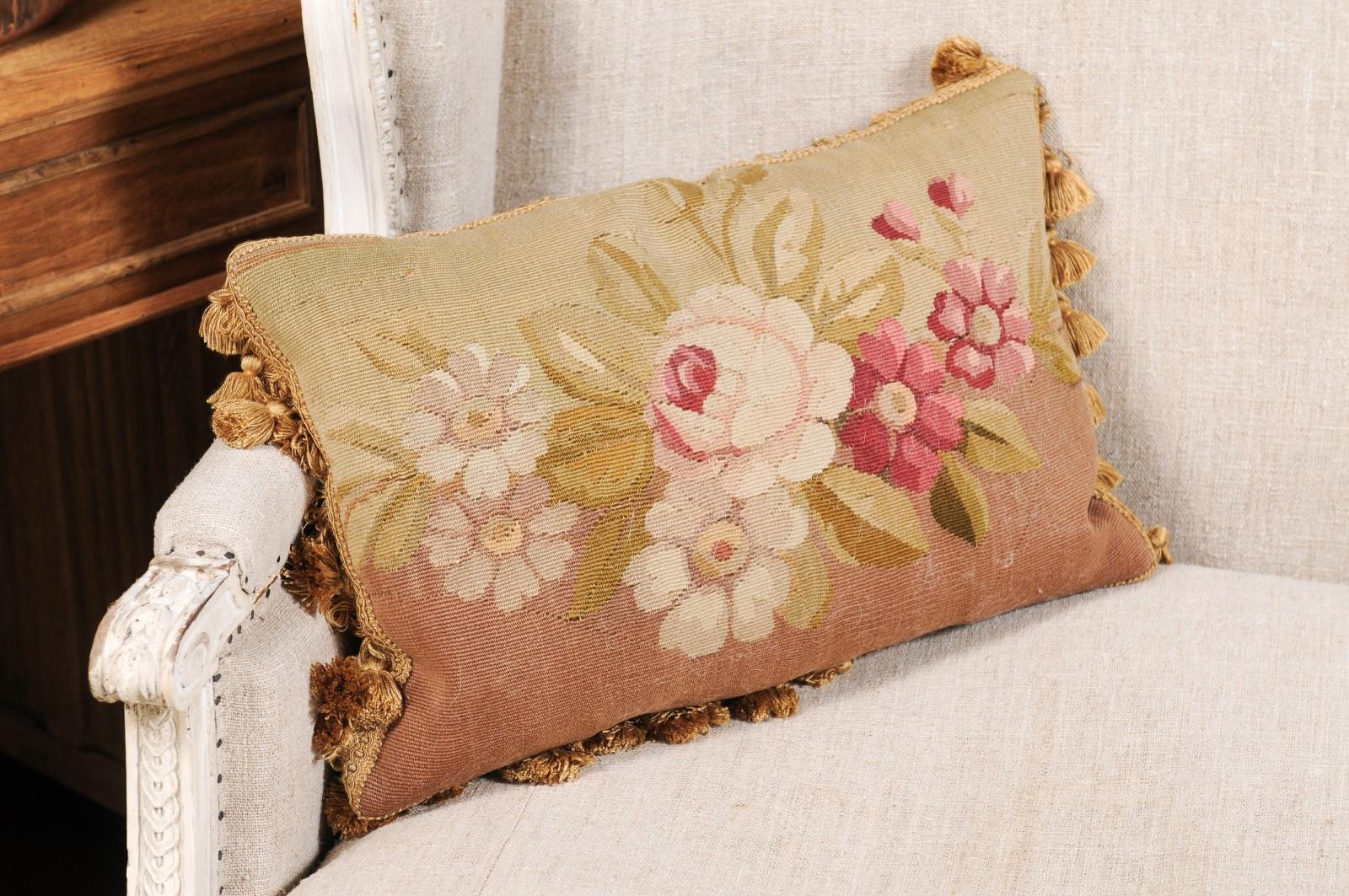 French Horizontal 19th Century Aubusson Tapestry Floral Pillow with Tassels 3