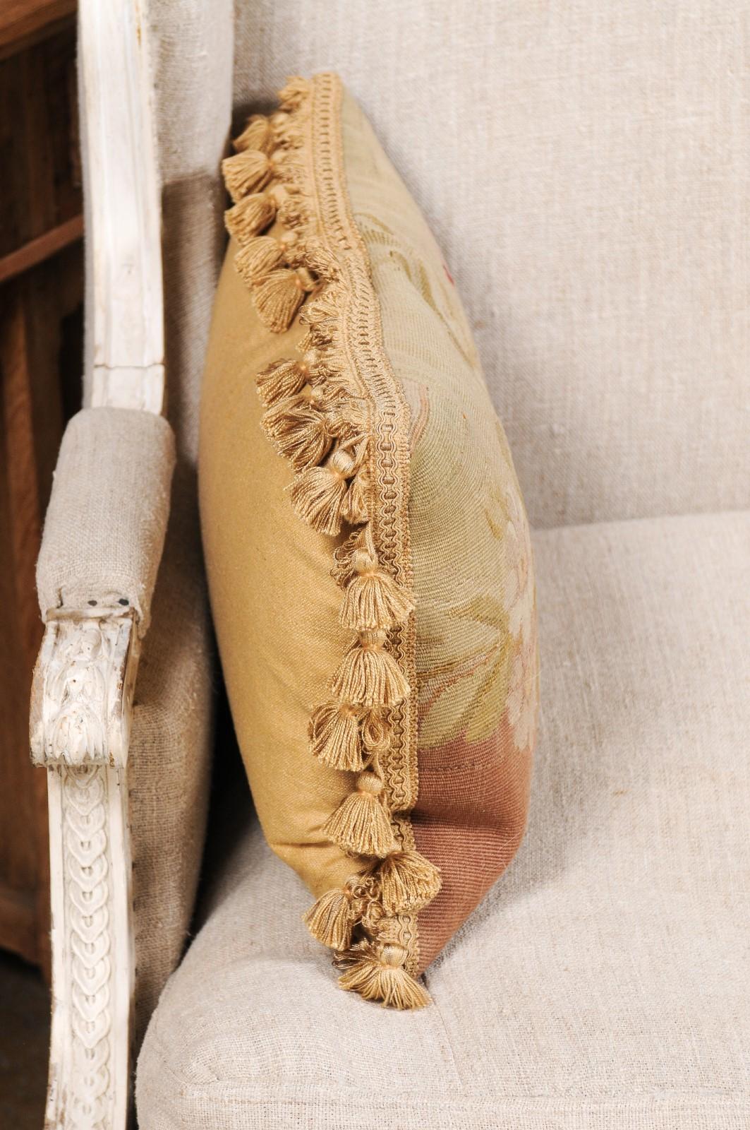 French Horizontal 19th Century Aubusson Tapestry Floral Pillow with Tassels 4