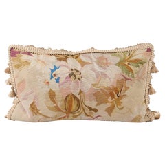 French Horizontal 19th Century Aubusson Tapestry Floral Pillow with Tassels