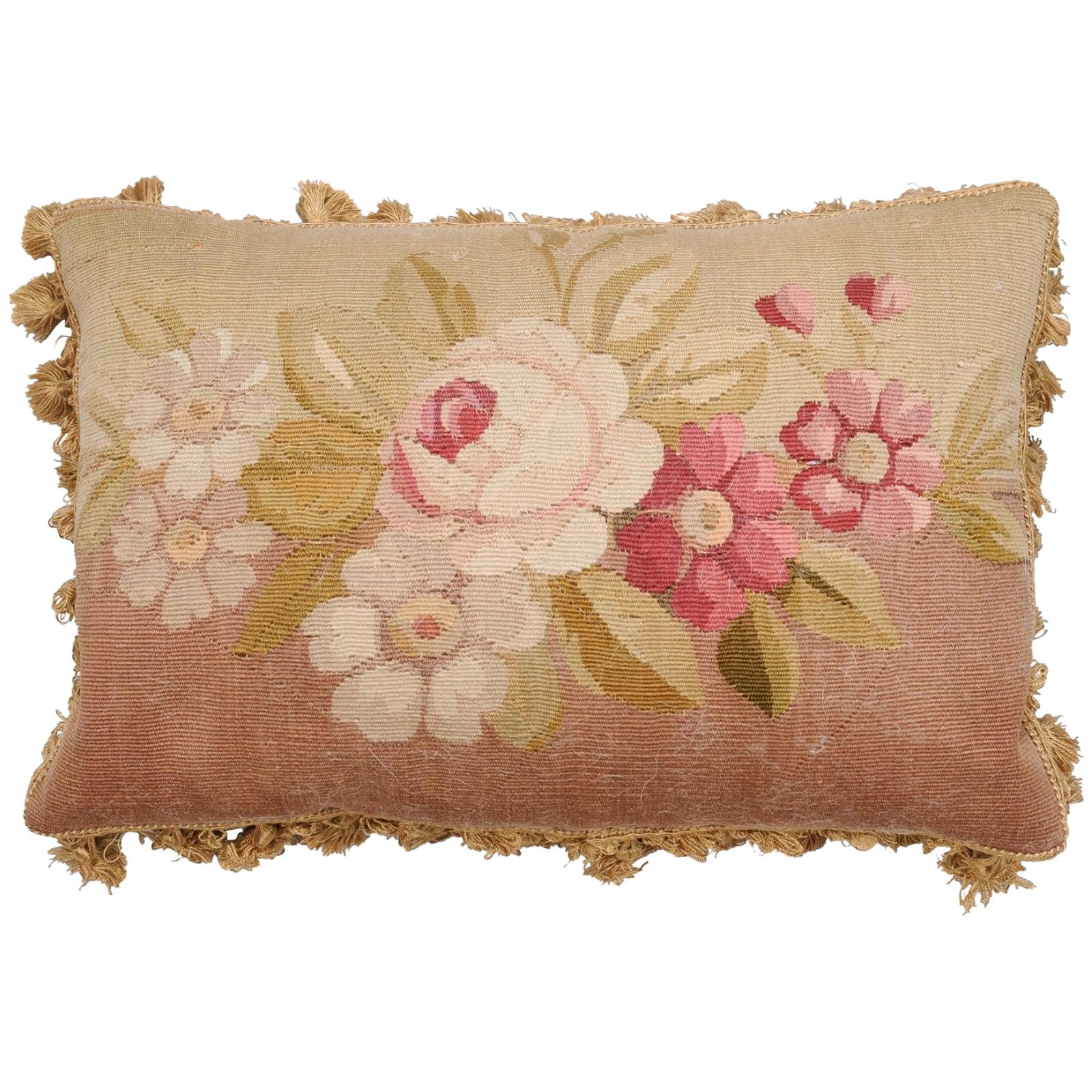 French Horizontal 19th Century Aubusson Tapestry Floral Pillow with Tassels