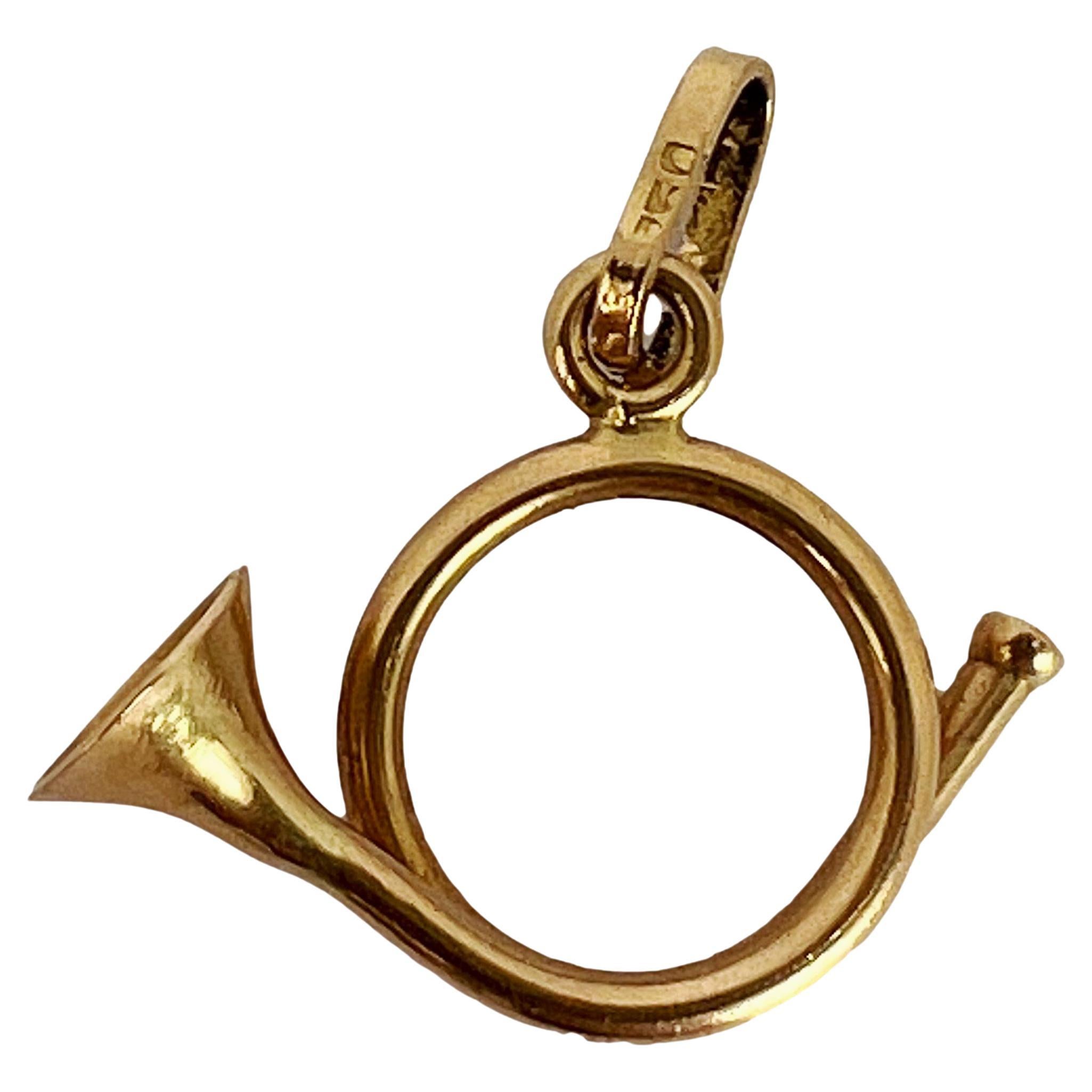 French Horn 18K Yellow Gold Charm Pendant For Sale