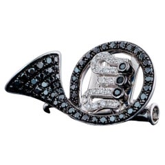 French Horn Black & White Natural Diamond Pin Pendant 18k White Gold