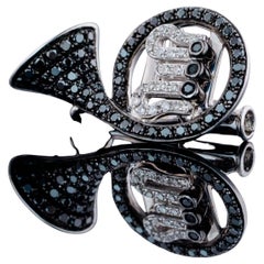 French Horn Black & White Natural Diamond Pin Pendant 18k White Gold