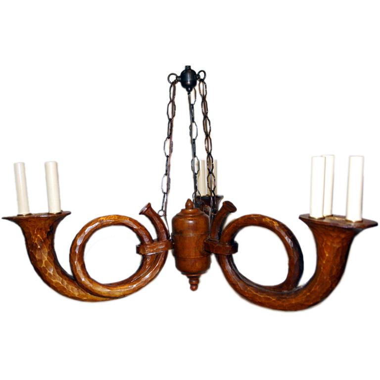 Hand-Carved French Horn Shaped Carved Wood Chandelier