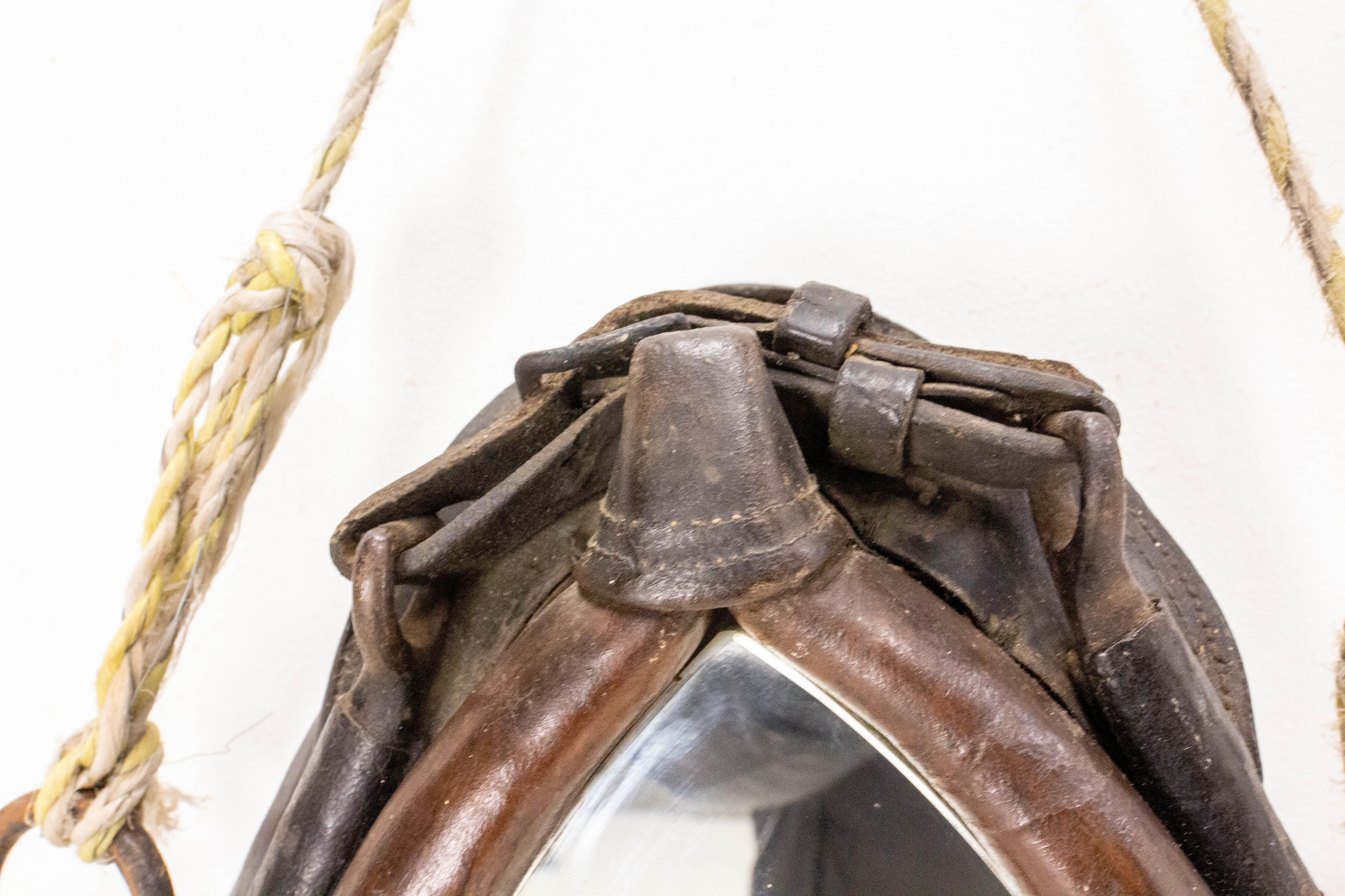 Leather French Horse Yoke Mirror, Late 19th Century