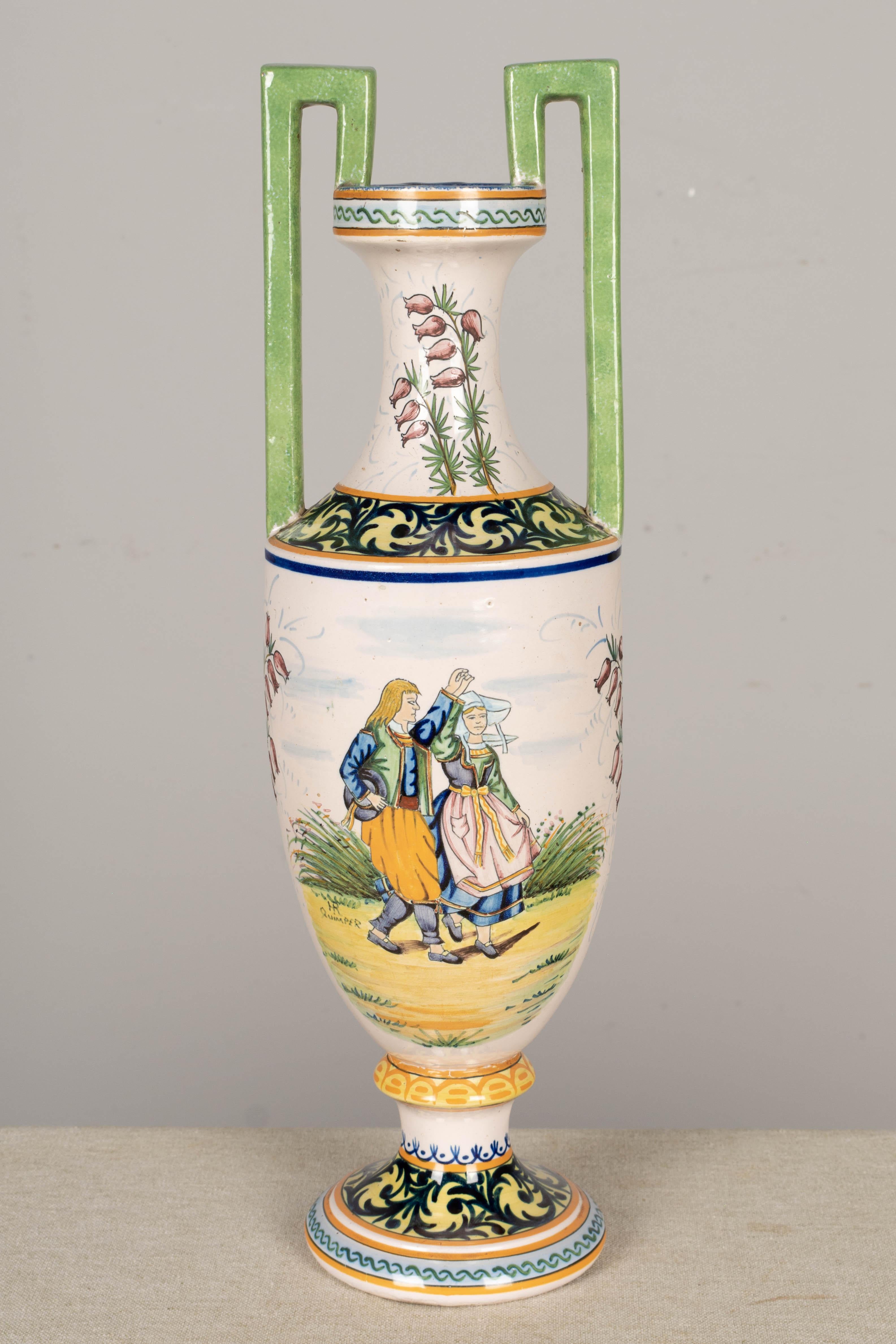 Hand-Painted French HR Quimper Ceramic Vase For Sale