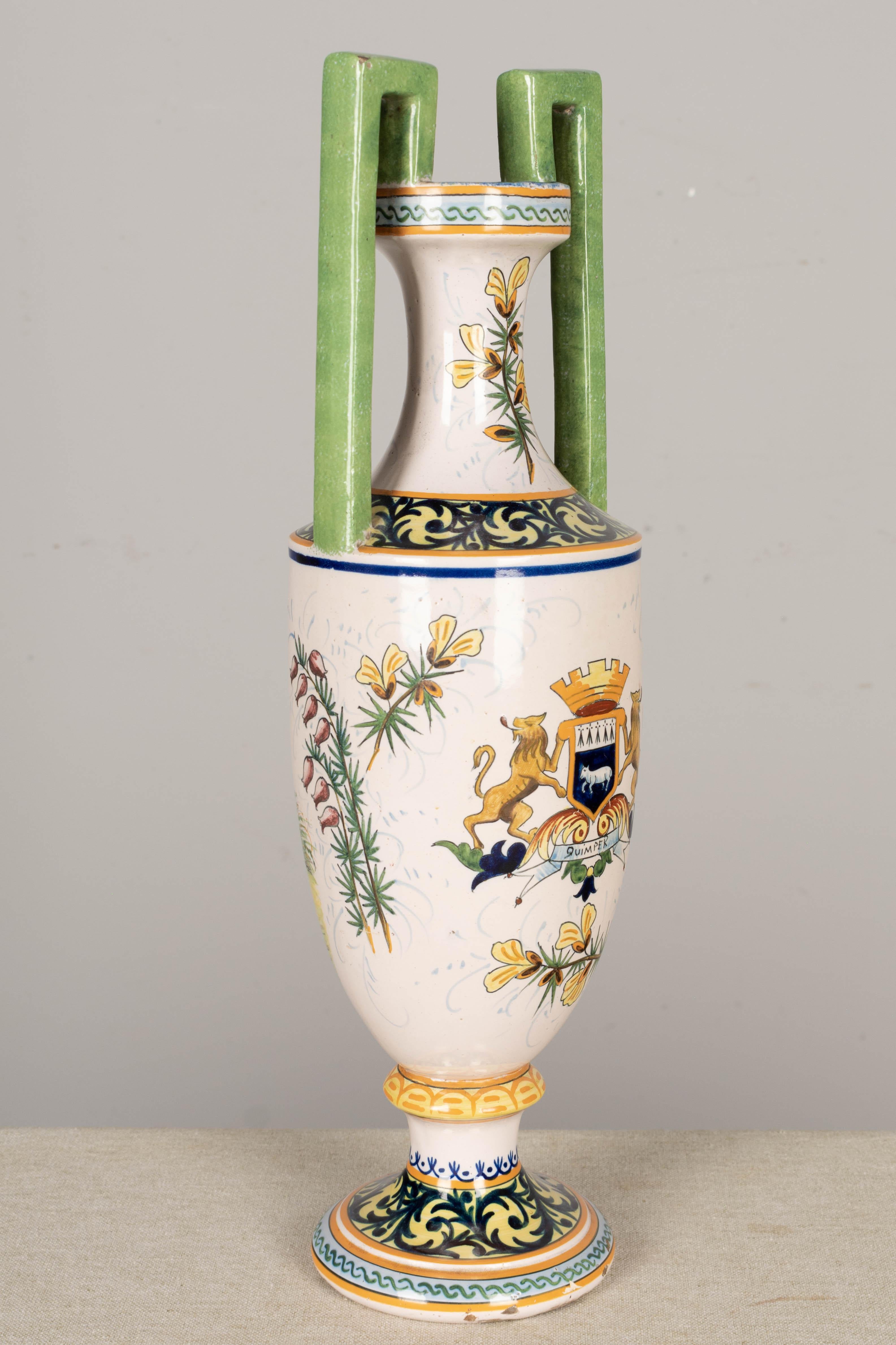 Faience French HR Quimper Ceramic Vase For Sale