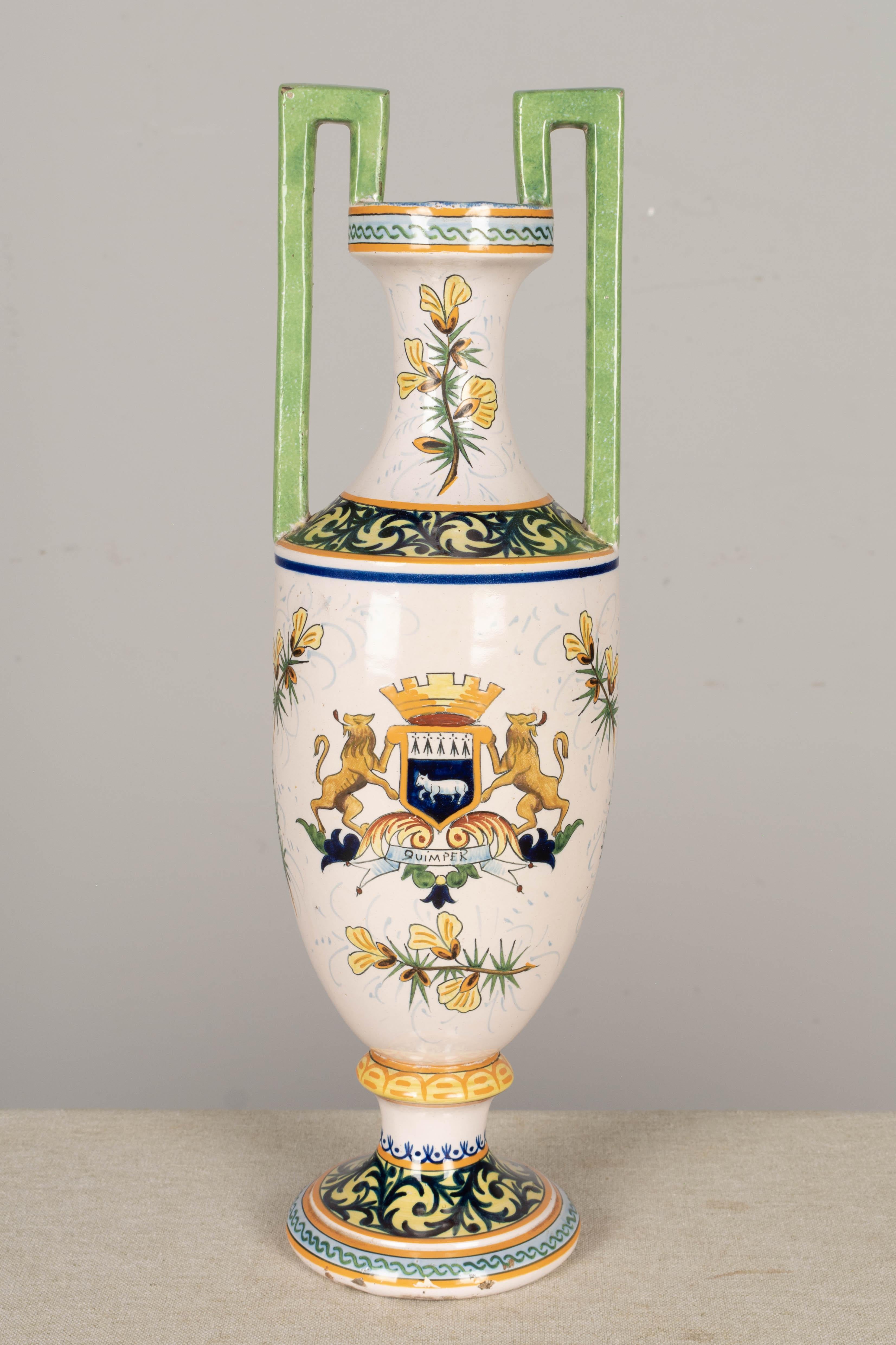 French HR Quimper Ceramic Vase For Sale 1