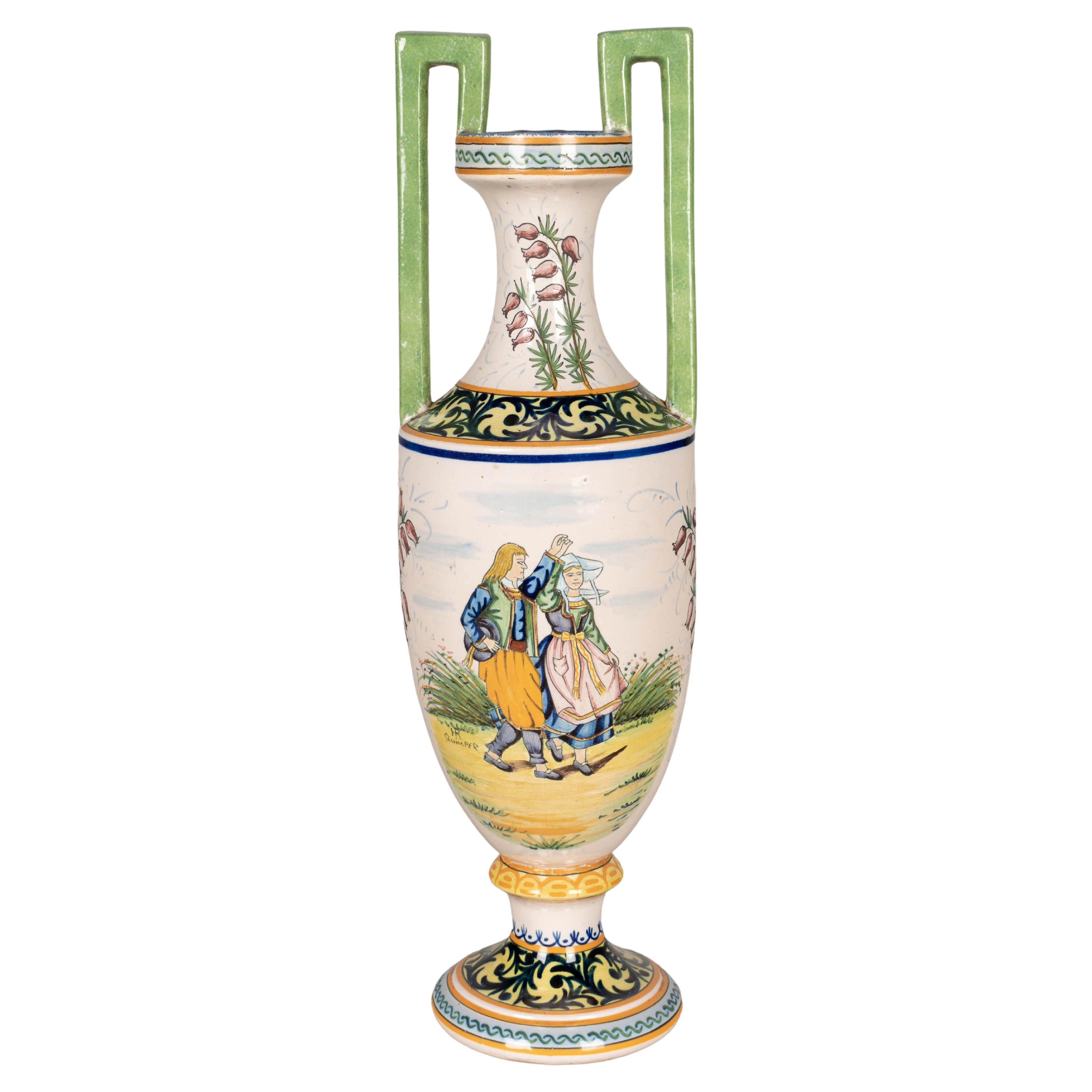 French HR Quimper Ceramic Vase For Sale