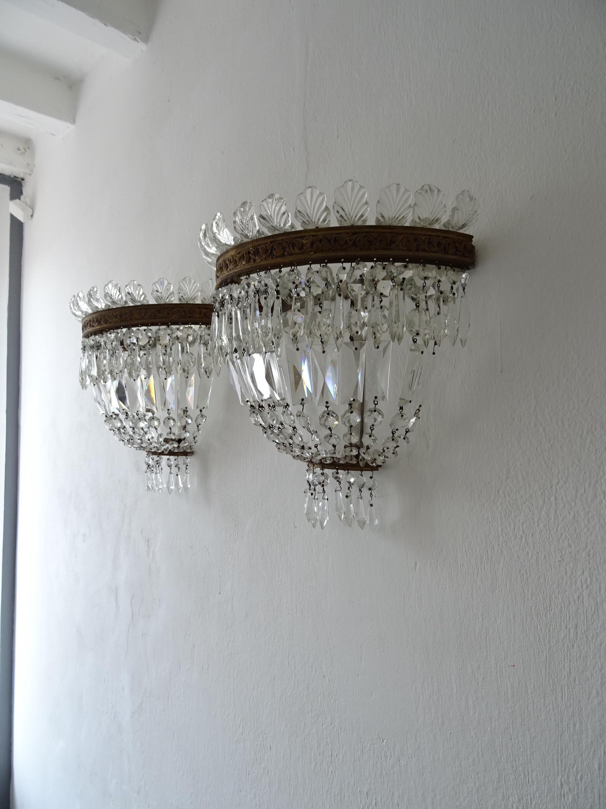 French Huge Empire Crystal Tiered Bronze Sconces, c 1940 In Good Condition For Sale In Firenze, Toscana