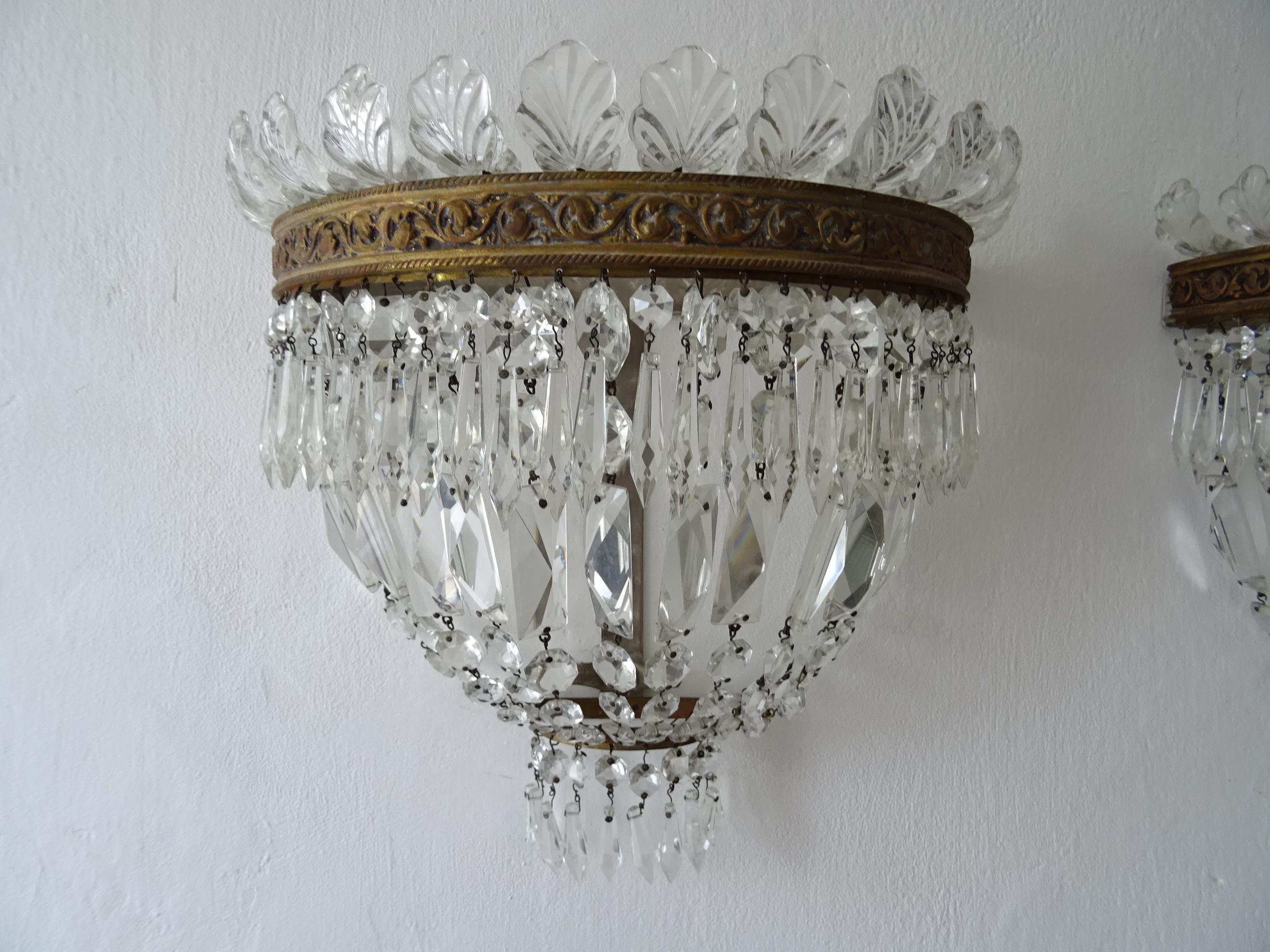 Mid-20th Century French Huge Empire Crystal Tiered Bronze Sconces, c 1940 For Sale