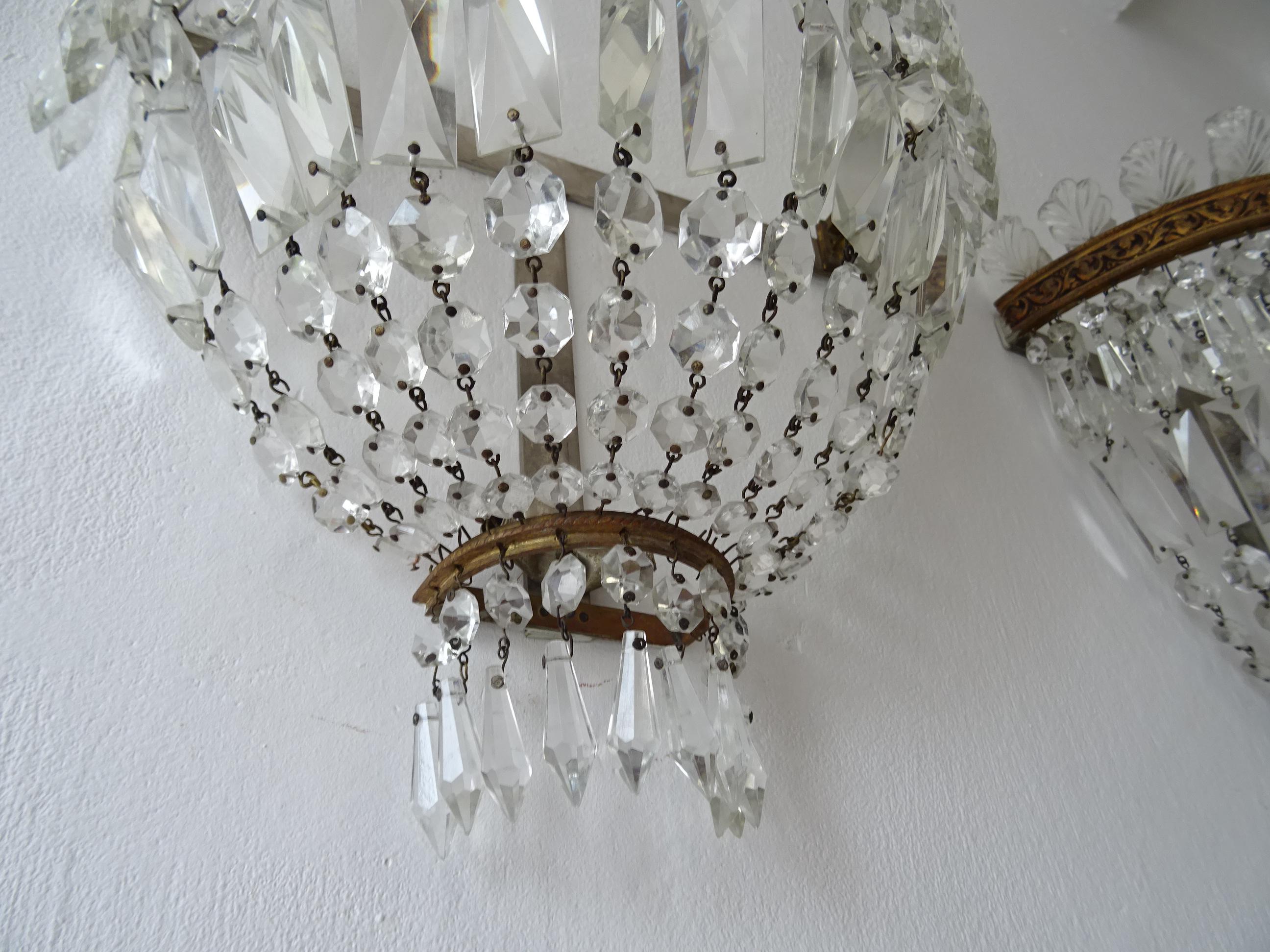 French Huge Empire Crystal Tiered Bronze Sconces, c 1940 For Sale 1