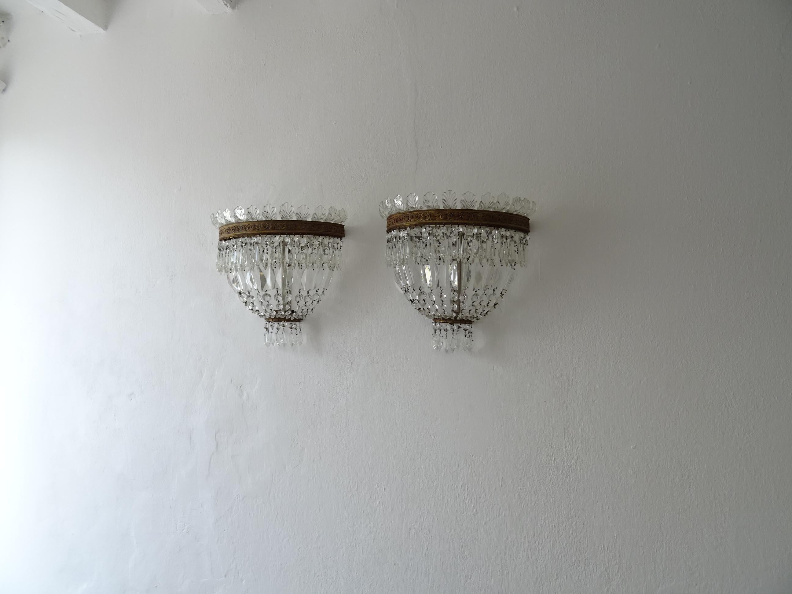 French Huge Empire Crystal Tiered Bronze Sconces, c 1940 For Sale 4