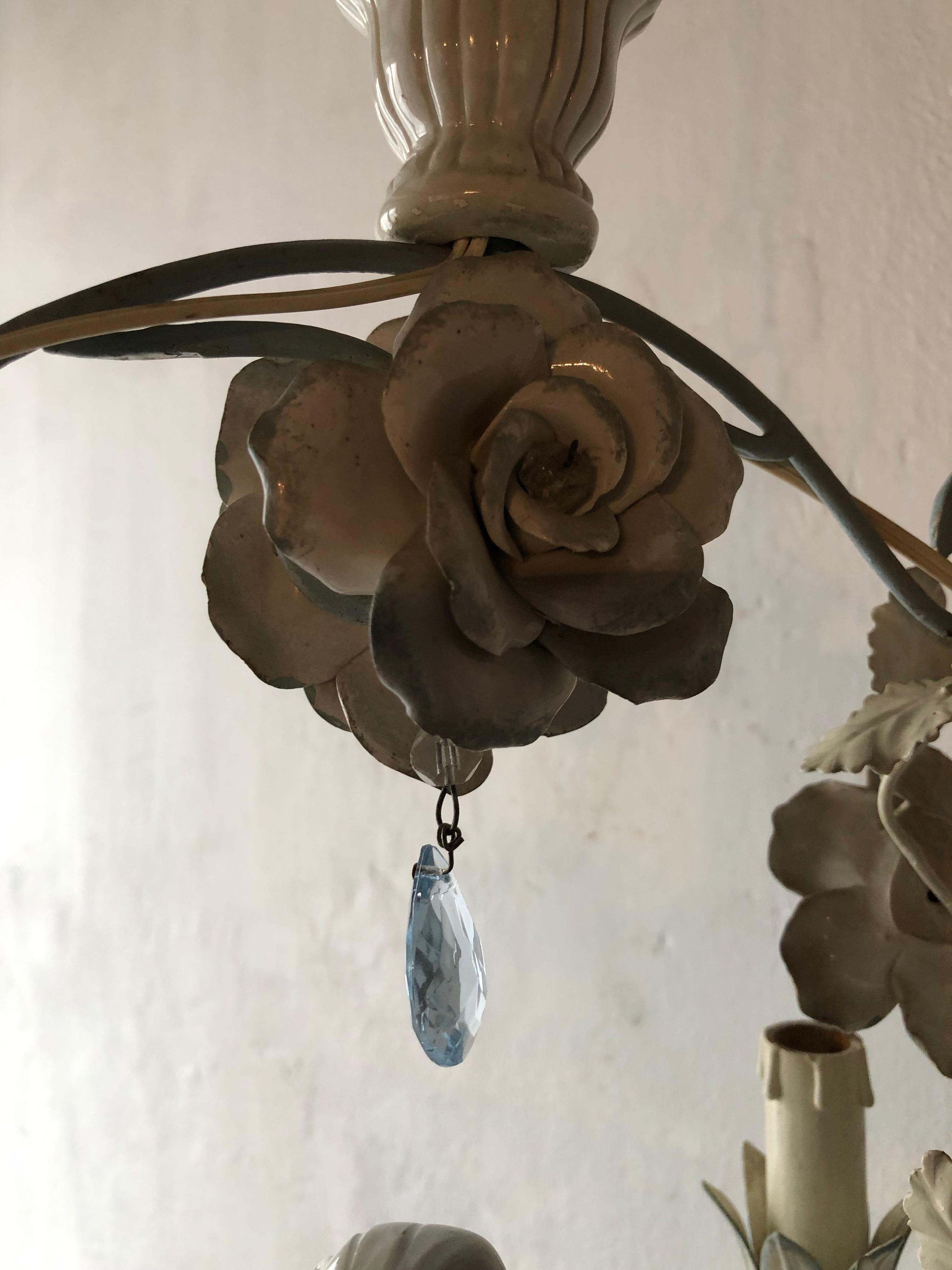 French Huge Porcelain Cherub Swinging Roses Chandelier Blue Tole, circa 1920 6