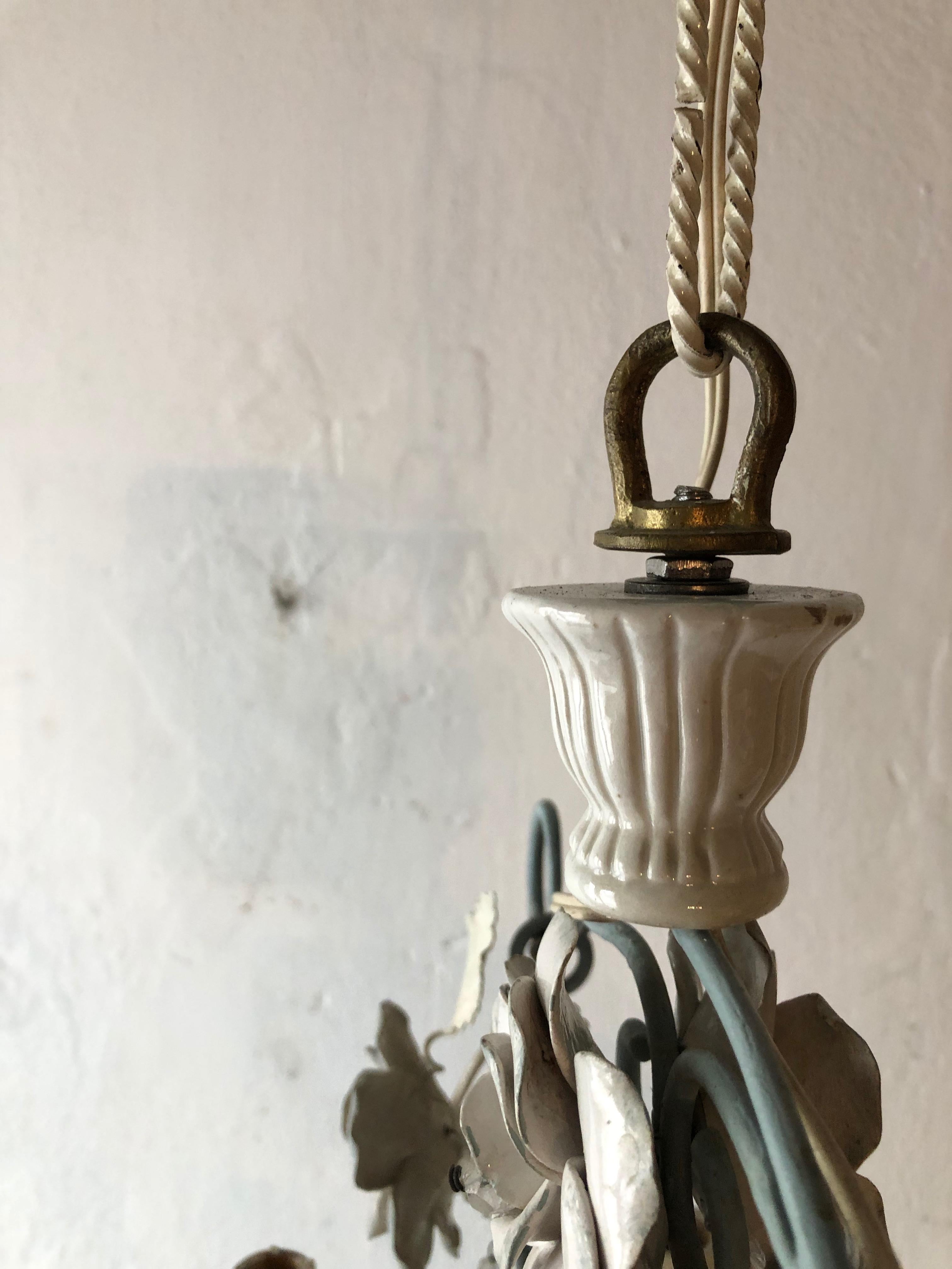 French Huge Porcelain Cherub Swinging Roses Chandelier Blue Tole, circa 1920 8