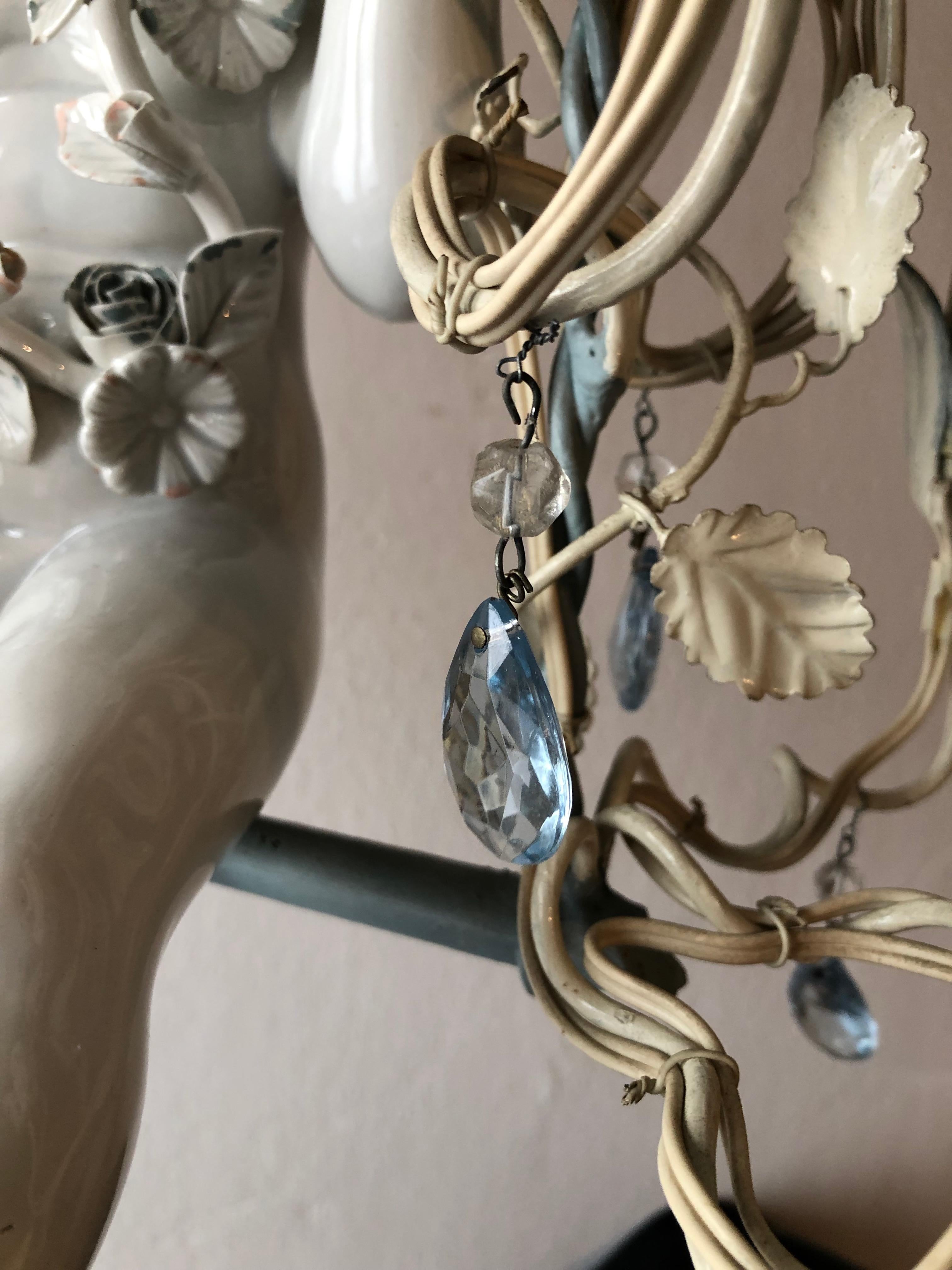 French Huge Porcelain Cherub Swinging Roses Chandelier Blue Tole, circa 1920 11