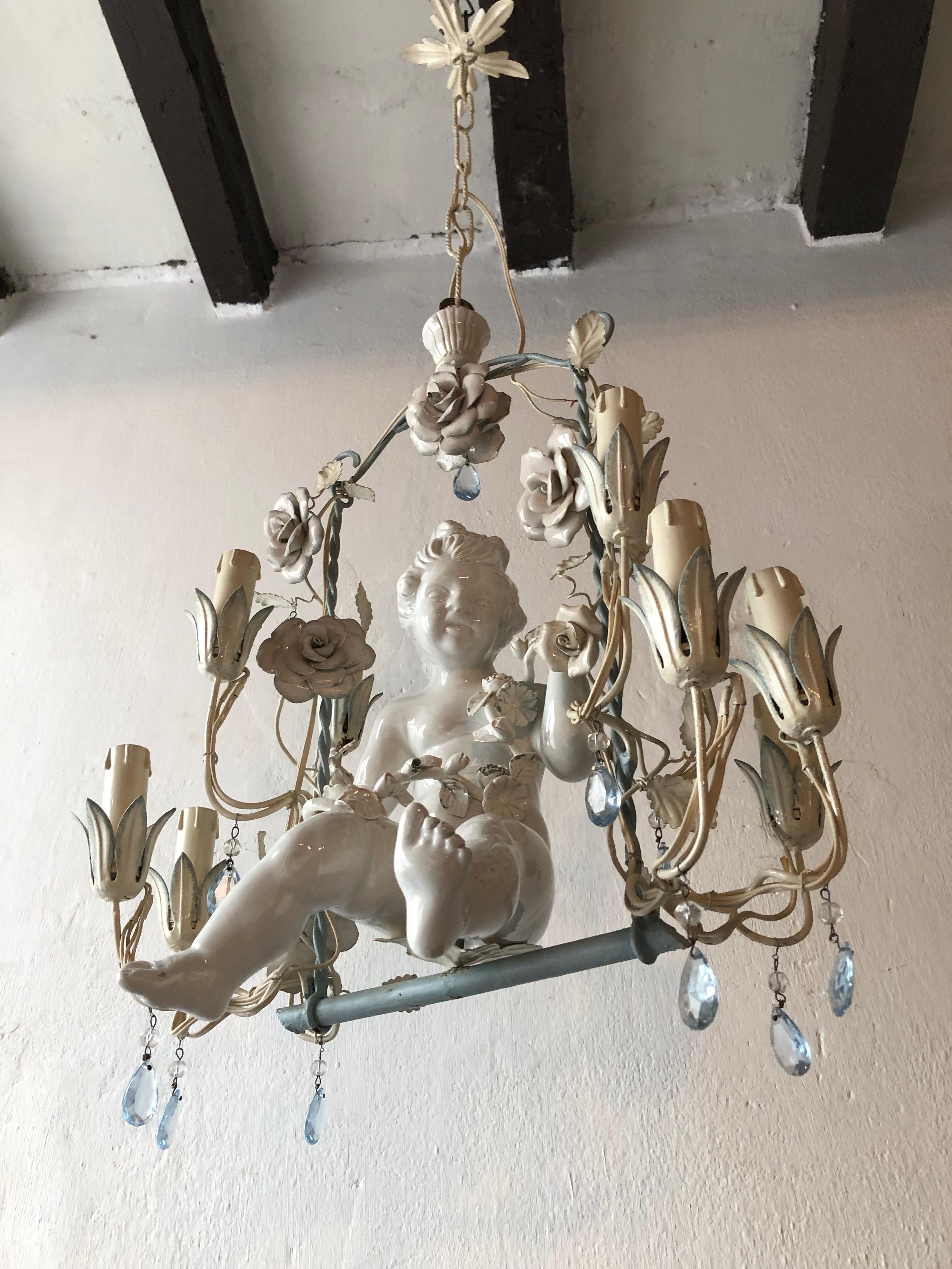 Mid-20th Century French Huge Porcelain Cherub Swinging Roses Chandelier Blue Tole, circa 1920