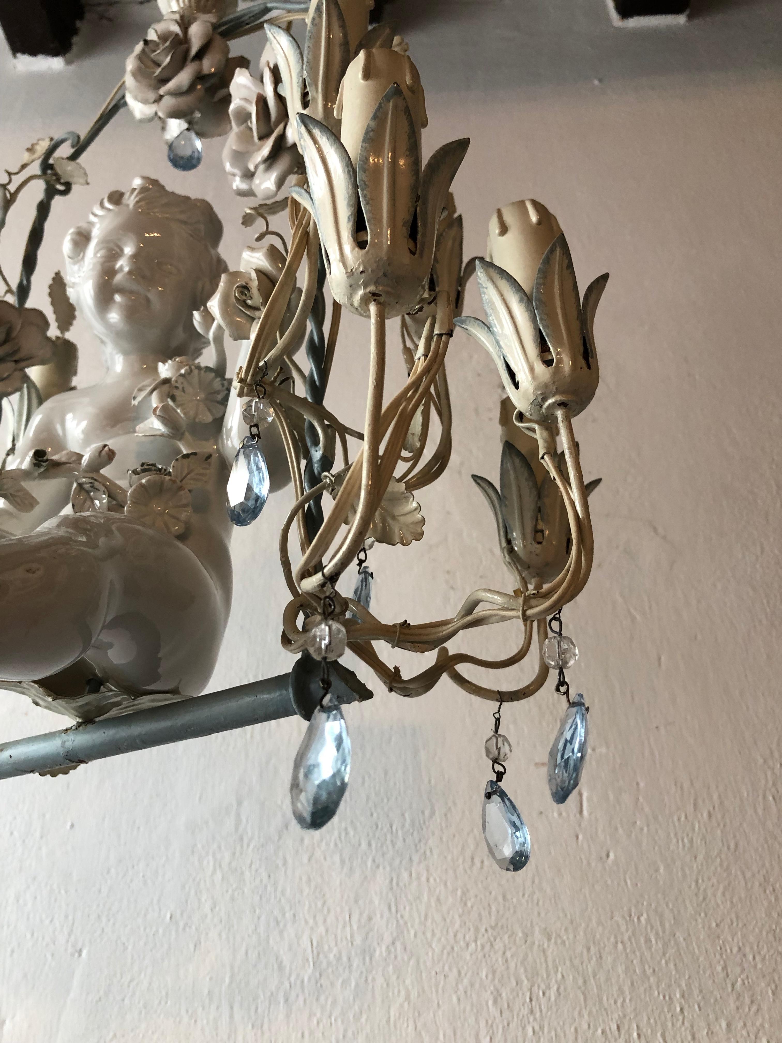 Crystal French Huge Porcelain Cherub Swinging Roses Chandelier Blue Tole, circa 1920