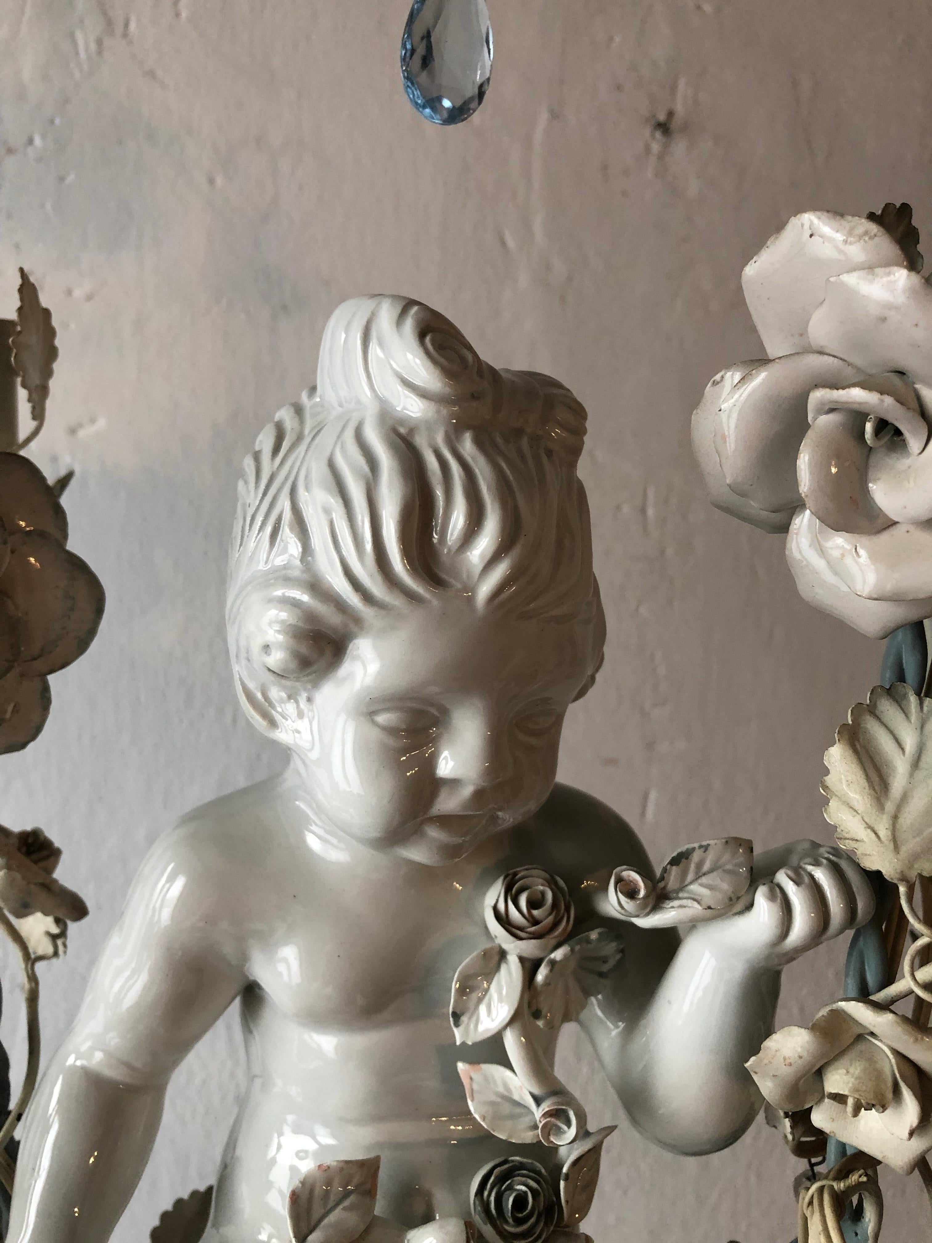 French Huge Porcelain Cherub Swinging Roses Chandelier Blue Tole, circa 1920 1