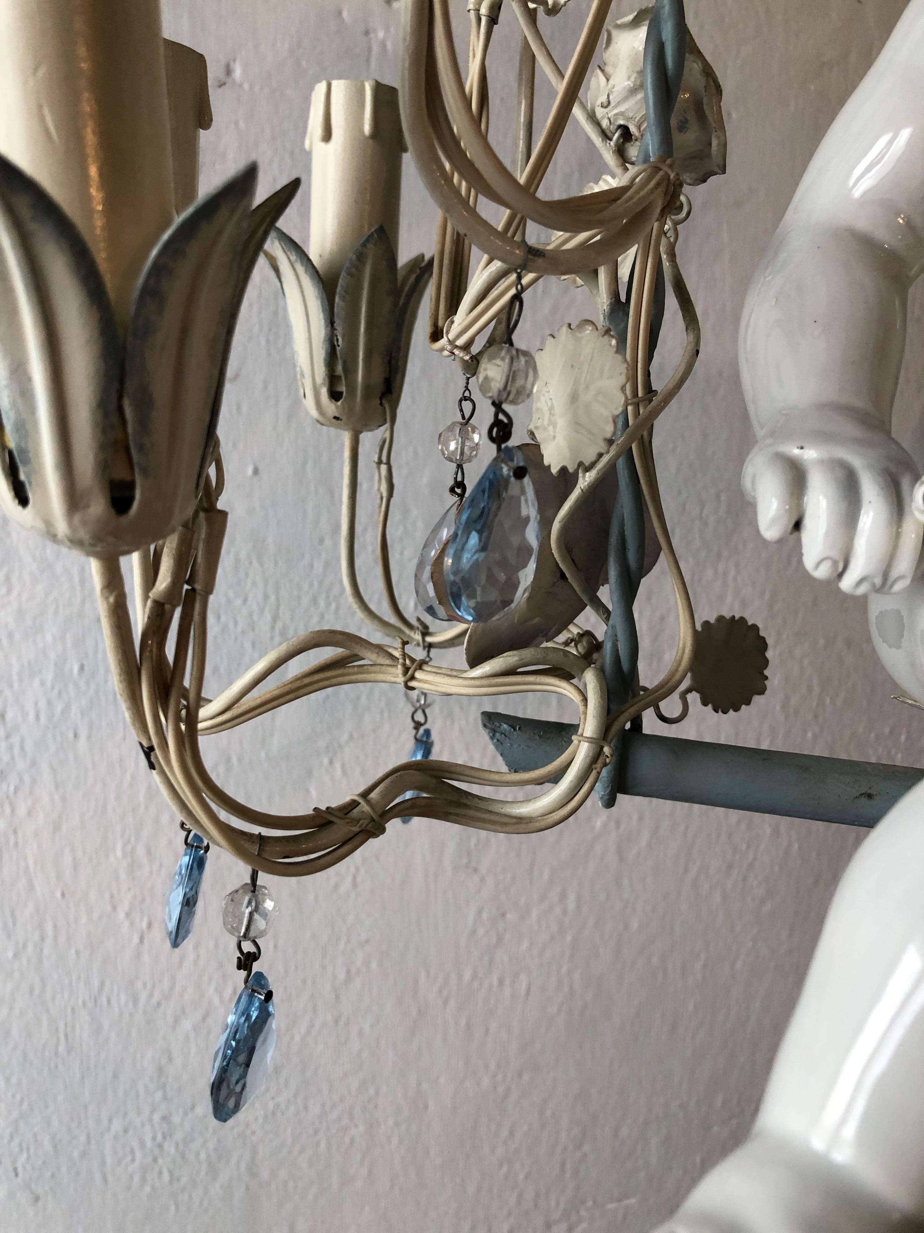 French Huge Porcelain Cherub Swinging Roses Chandelier Blue Tole, circa 1920 2